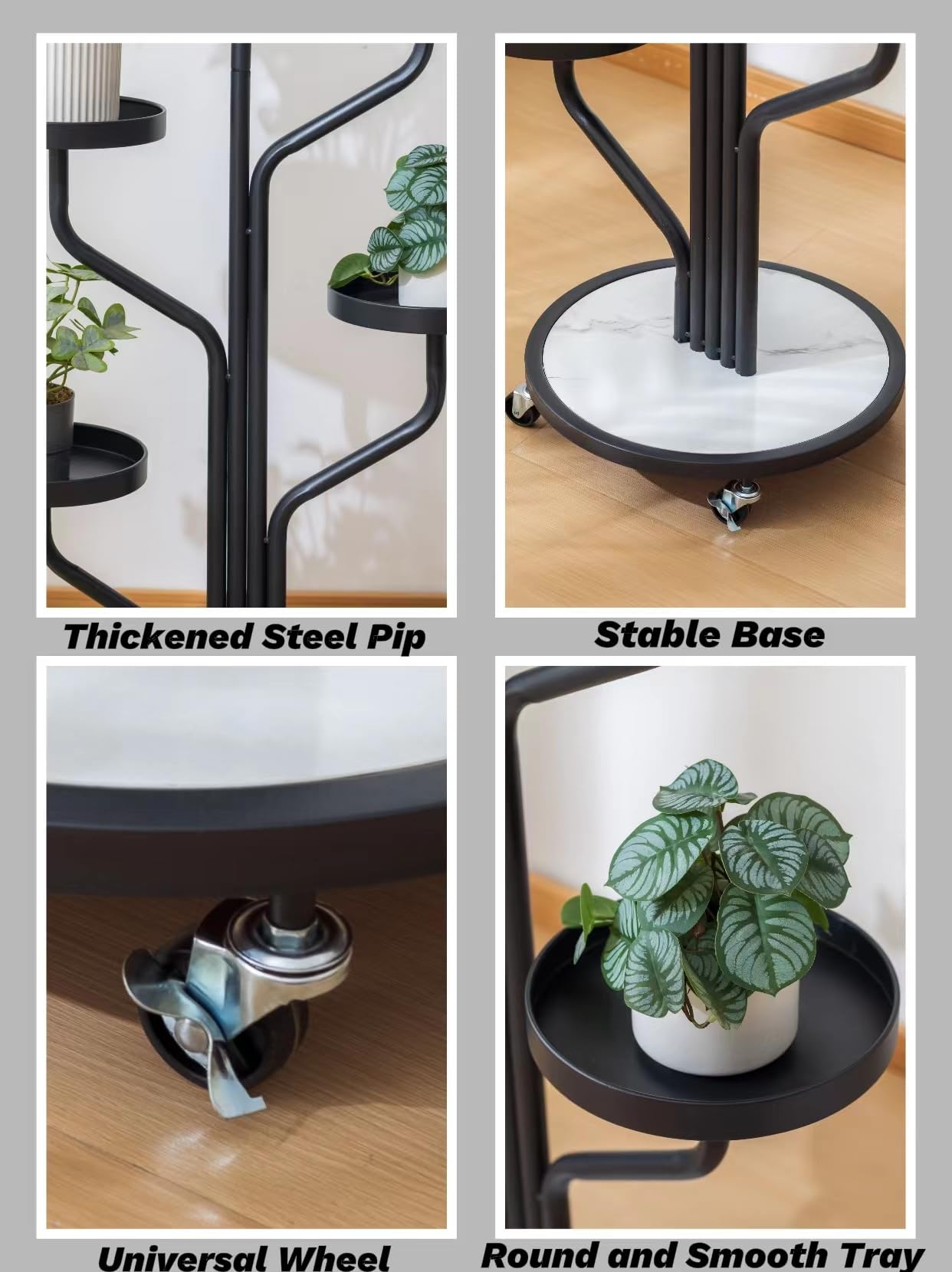 CHPHI 5 Tier Indoor Plant Stand Wrought Iron, Tall Metal Plant Stand with Wheels, Metal Rolling Plant Shelf with 5 Trays, Multi-tier Rolling Display Stand for Home and Office(Black)