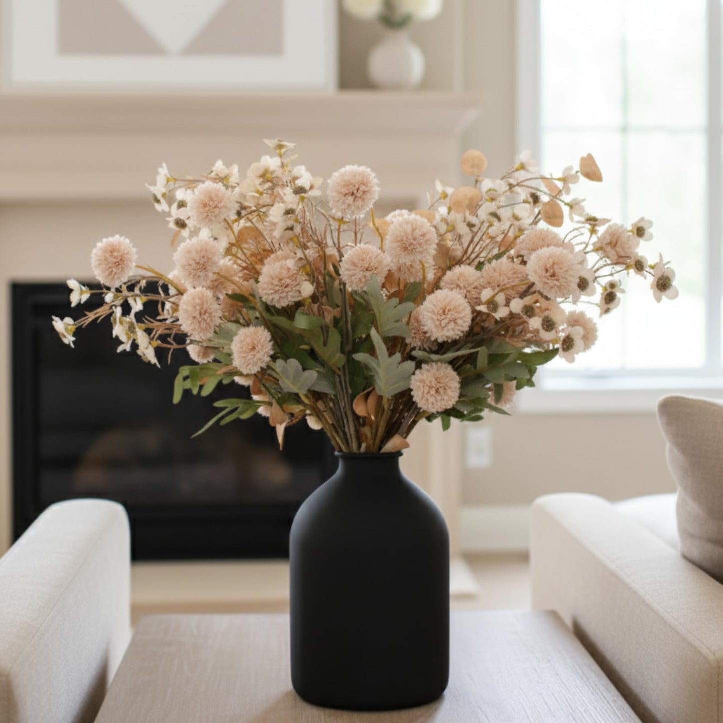 Beige Silk Flower Arrangements Home Decor, Large Floral Centerpieces For Tables, 22 Long Stems Fake Mums + Eucalyptus + Wild Flowers in Bulk, Artificial Flowers Coffee Dining Table, Faux Mums Flowers