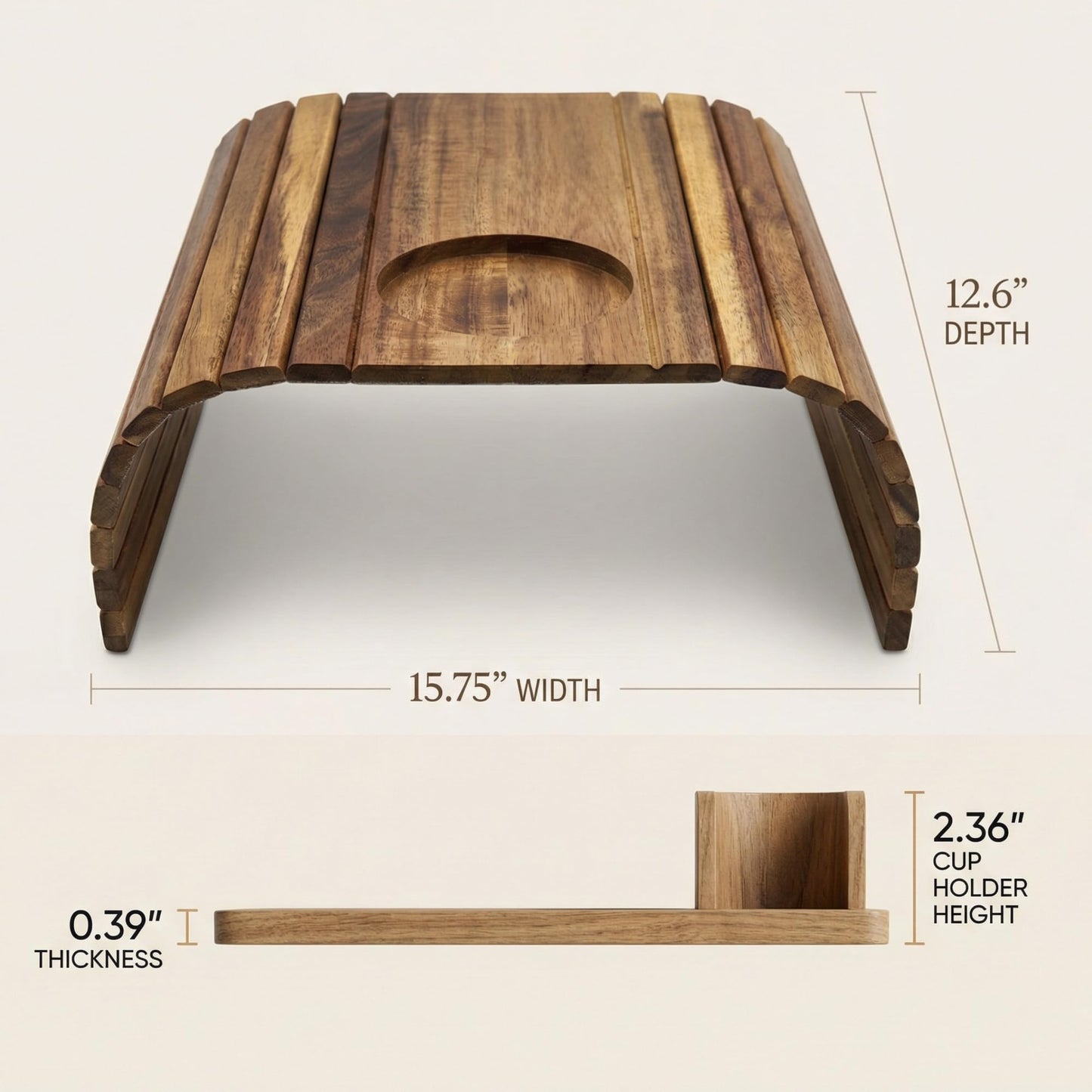 Acacia Couch Arm Tray for Drinks and Snacks with Detachable Cup Holder, Anti Slip Base and Foldable Design, Wooden Sofa Arm Tray for Convenient Couch Side Use