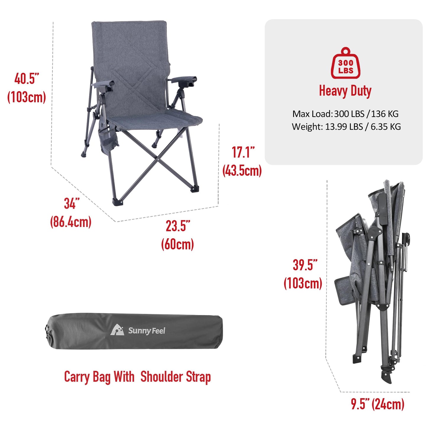 SUNNYFEEL Outdoor Reclining Camping Chairs Adjustable 3 Position Foldable Heavy Duty Adults 300 LBS Capacity for Adults Lounge with Cup Holder, Heated Folding Camp Chair Lawn Patio Outdoor Porch