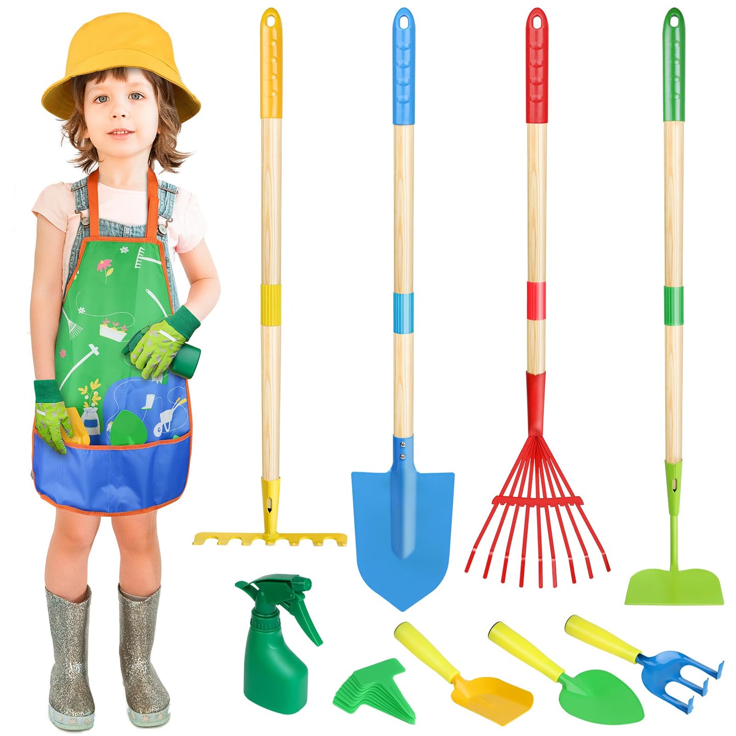 Magic4U Kids Gardening Tools Set, 22 Pcs Metal Garden Tools Toys with Apron, Gloves, Wood Handle Shovel, Rake, Hoe and Leaf Rake, Outdoor Digging Toys Gifts for Kids Age 3+