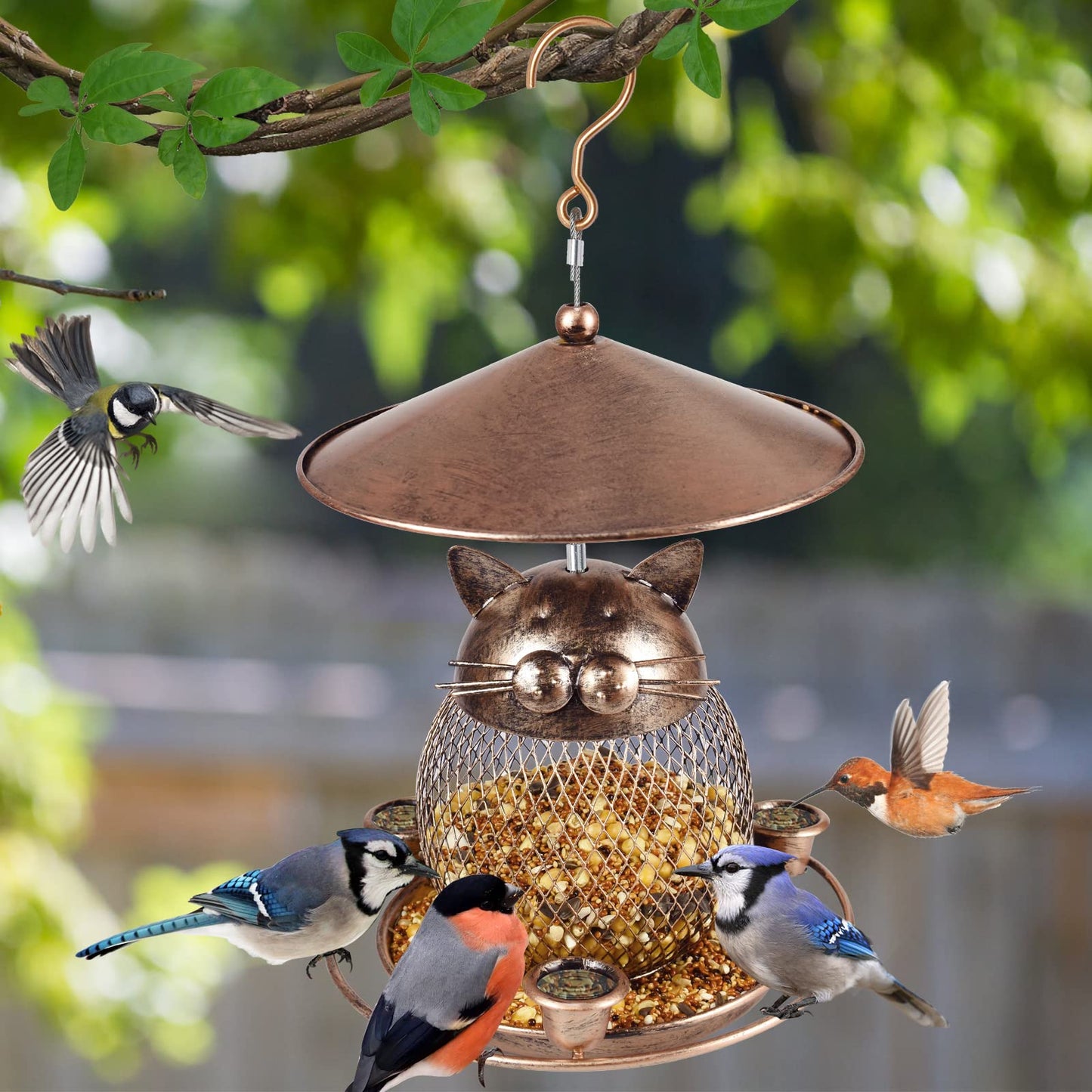 LBTING Bird Feeder for Outdoor, Squirrel Proof Metal Wild Bird Feeder Decoration for Hanging Outside Garden Yard, Cute Cat-Shaped