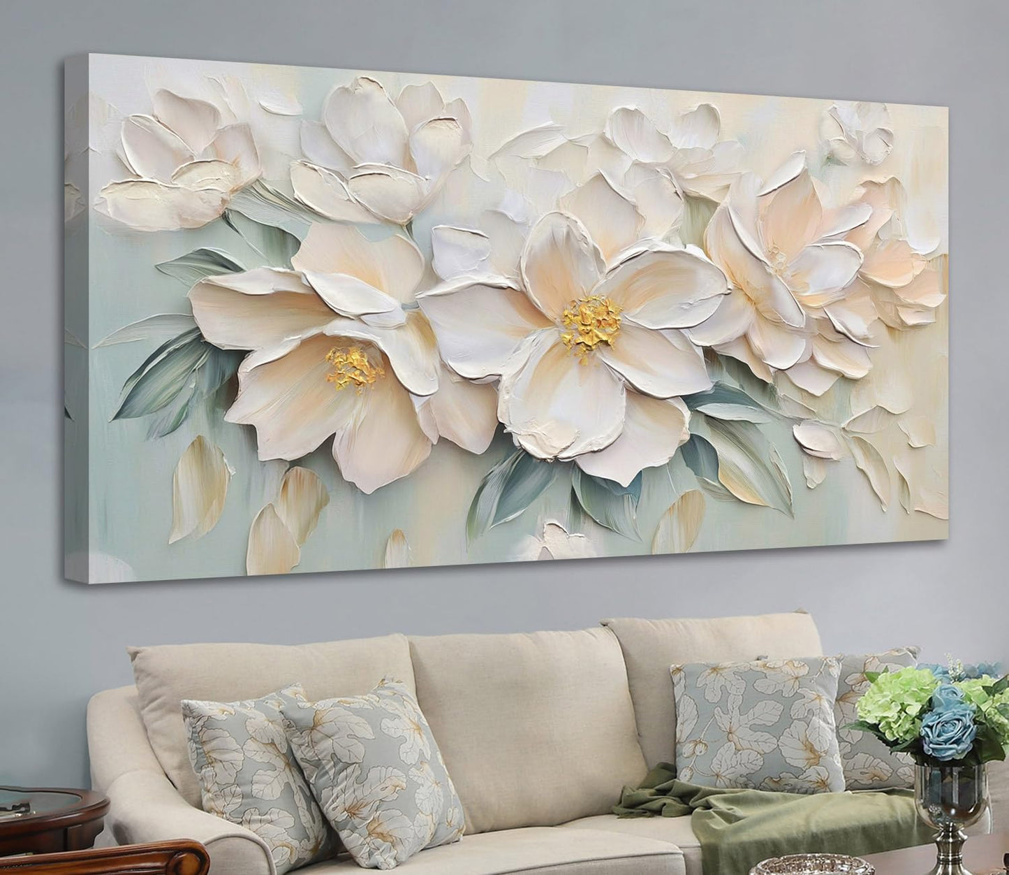 Anolyfi White Textured Flowers Canvas Wall Art for Living Room, Modern Aesthetic Sage Florals Painting Wall Decor for Hallway Bedroom Dining Room Office Home Decor 40"x20"