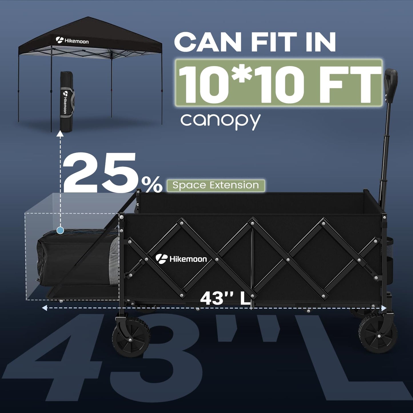 Hikemoon 43'' Extra Long Collapsible Wagon with Extended Tailgate, 360LBS Heavy Duty Wagons Carts Foldable, Portable Folding Outdoor Utility Cart for Grocery, Shopping, Garden, Camping, Black