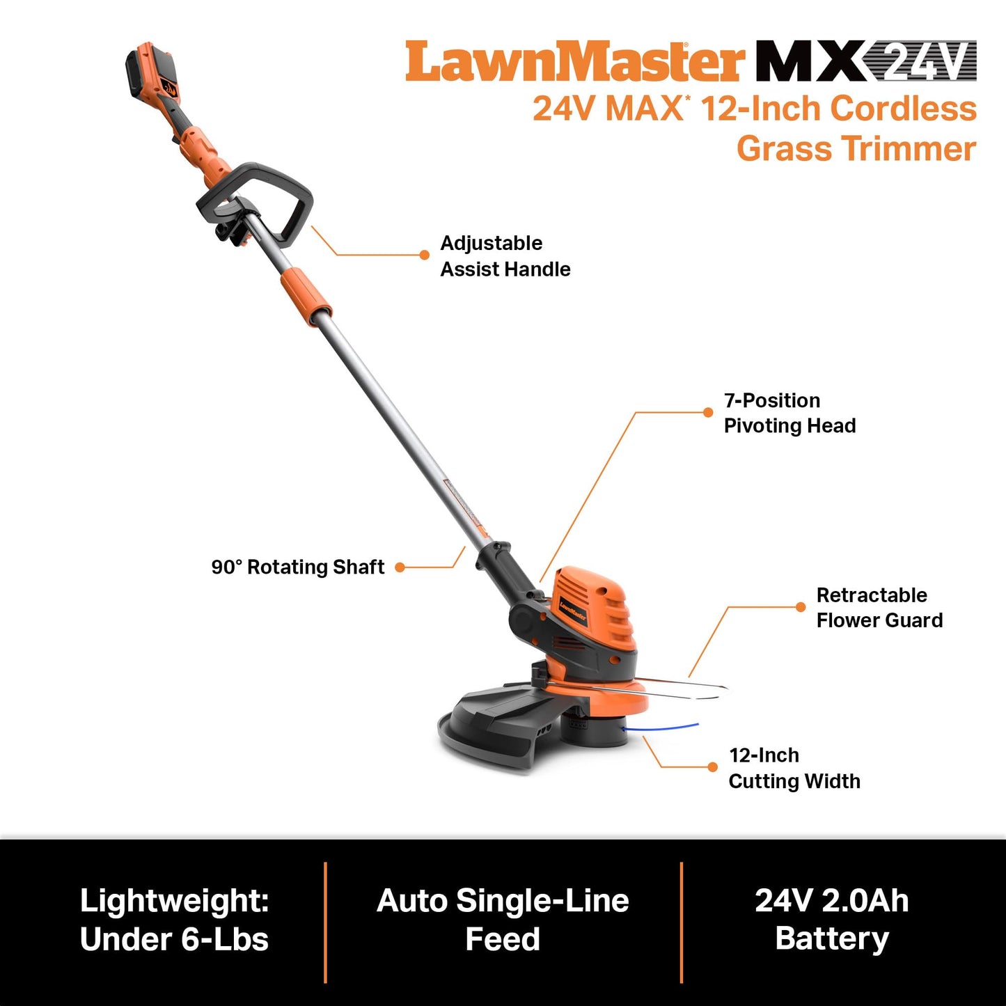 LawnMaster CLGT2412S 24V 12" Cordless String Trimmer 2.0AH Battery & Charger Included