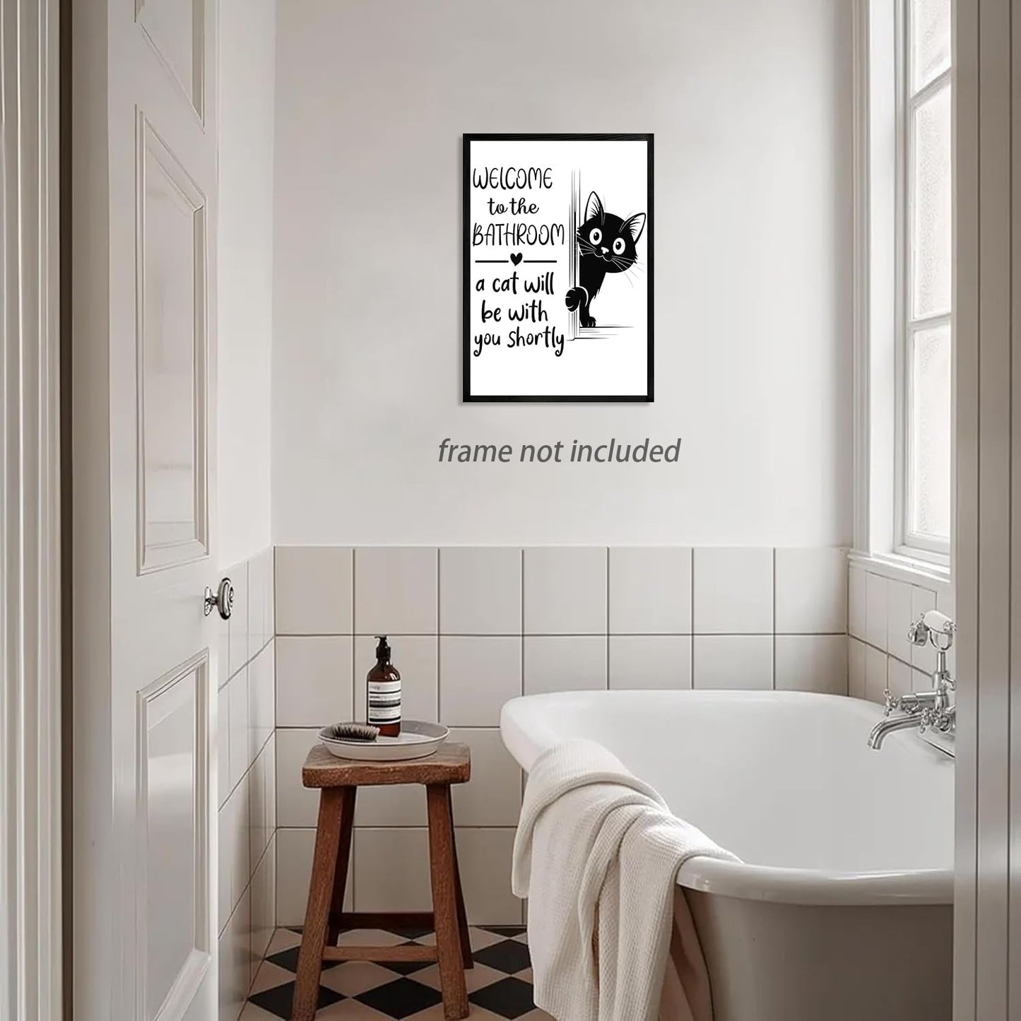 HNNXAR Funny Cat Bathroom Wall Art,Welcome To The Bathroom A Cat Will Be With You Shortly Paintings Posters,Black and White Funny Canvas Pictures Prints,Cute Black Cat Wall Decor 12x16in Unframed