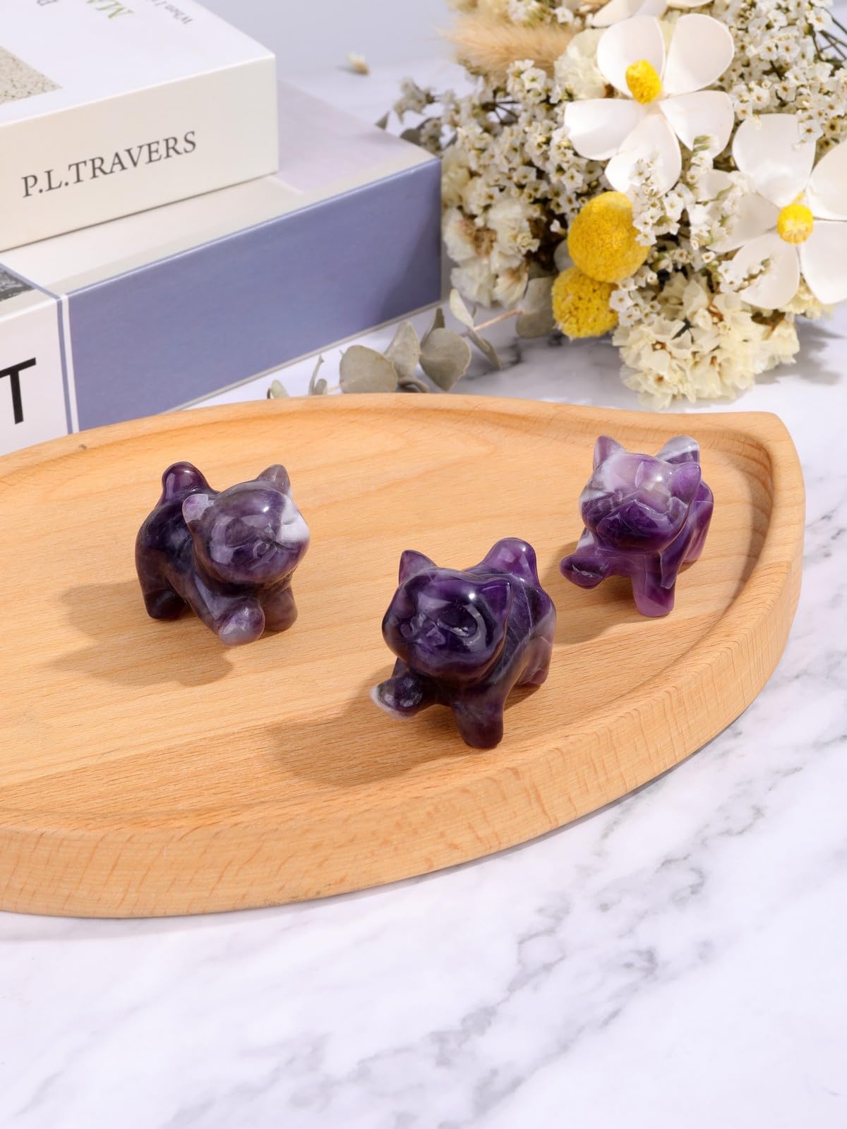 Top Plaza Amethyst Crystal Cute Cat Figurine Gifts Carved Healing Lucky Home Decor Natural Gemstone Cats Collectibles Pocket Sculpture for Cat Lovers