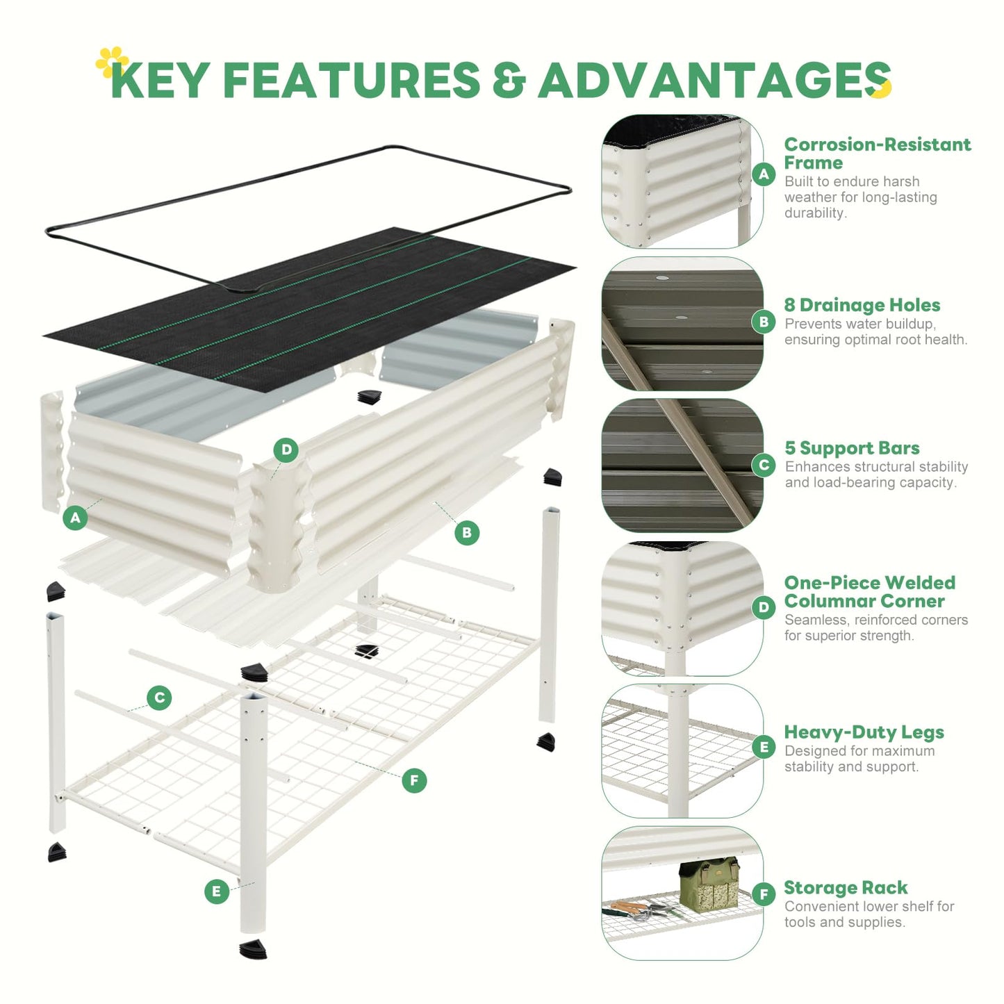 STBoo Elevated Raised Garden Bed with Legs - 48''x24''x32'' Galvanized Metal Standing Planter Boxes Outdoor with Bottom Storage Shelf for Backyard, Patio, Balcony, Vegetables, Flowers, White