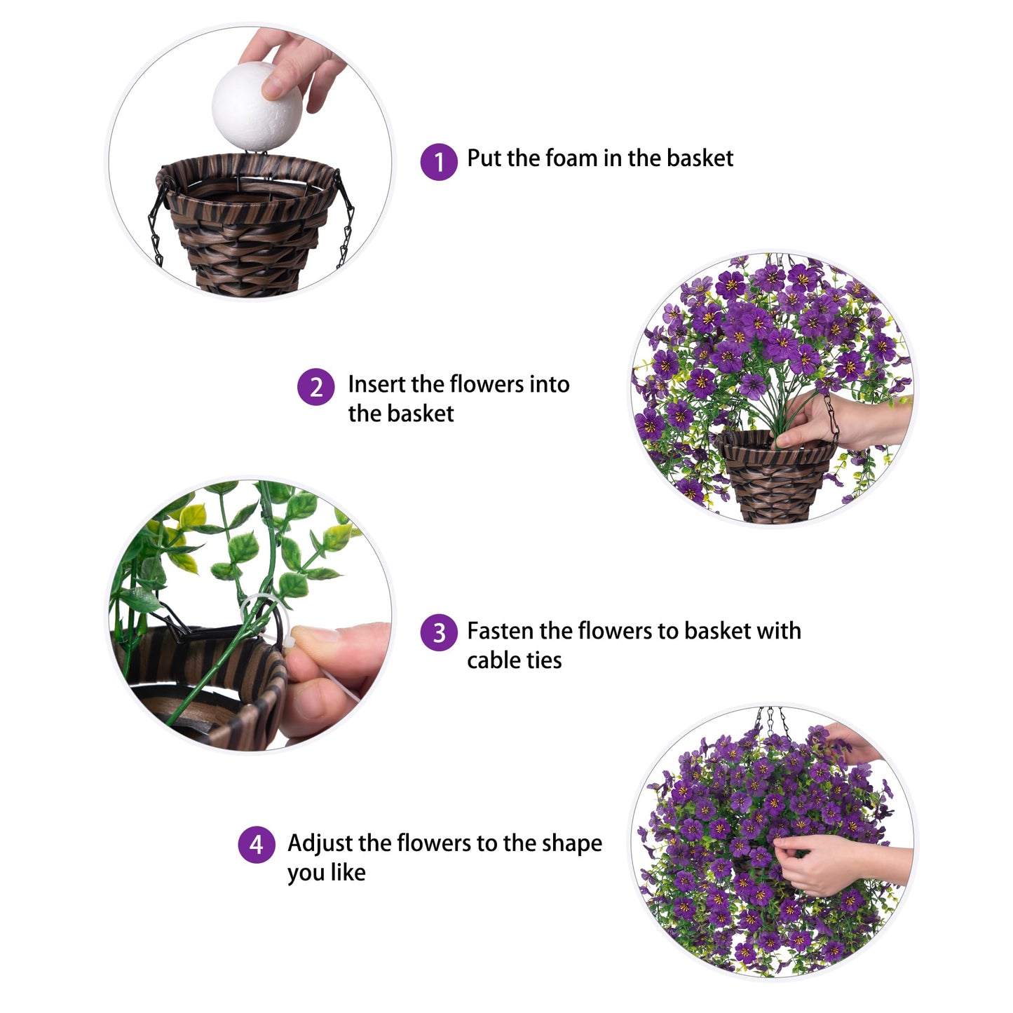 HyeFlora Artificial Hanging Flowers Basket for Outdoor, Fake Flowers Faux Plants Look Real for Yard Gardens Porch Patio Home (Darkpurple)