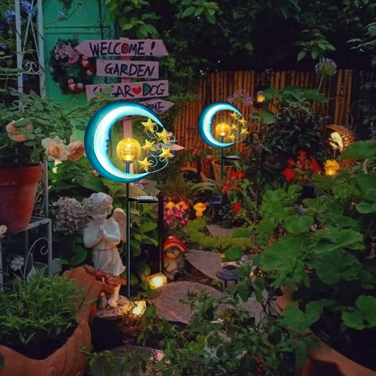 EPROSMIN Stars Moon Solar Lights Outdoor - Solar Powered Garden Lights Decorative Crackle Glass Globe Led Waterproof Landscape Lighting for Pathway,Yard,Lawn,Patio