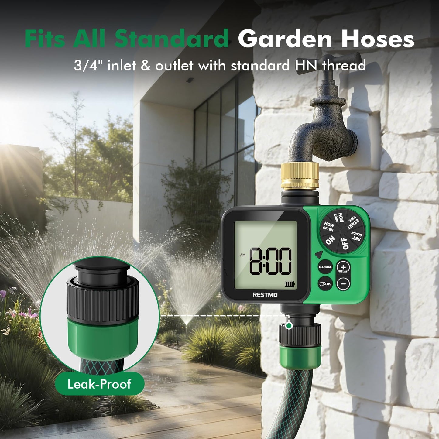 RESTMO Oversized LCD Sprinkler Timer for Outdoor Hose Faucet, Up to 11h59m Programmable Watering Timer for Soaker Hose, Filling, Misting with Brass Inlet, Rain Delay/Manual/Automatic Irrigation System