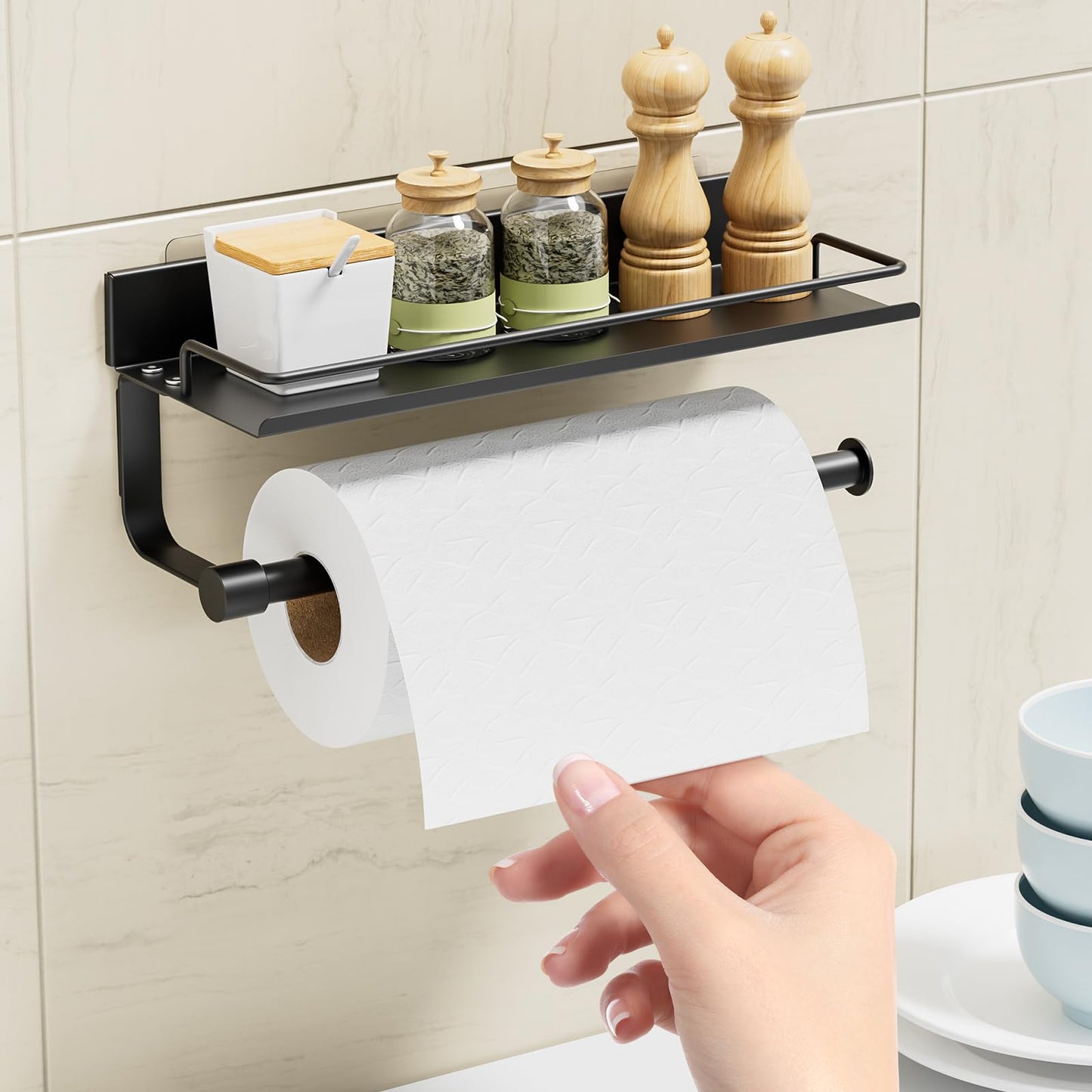 Hand Towel Holder for Bathroom, Self Adhesive Paper Towel Holder Wall Mount for Kitchen, Ideal RV Paper Towel Rack, Matte Black