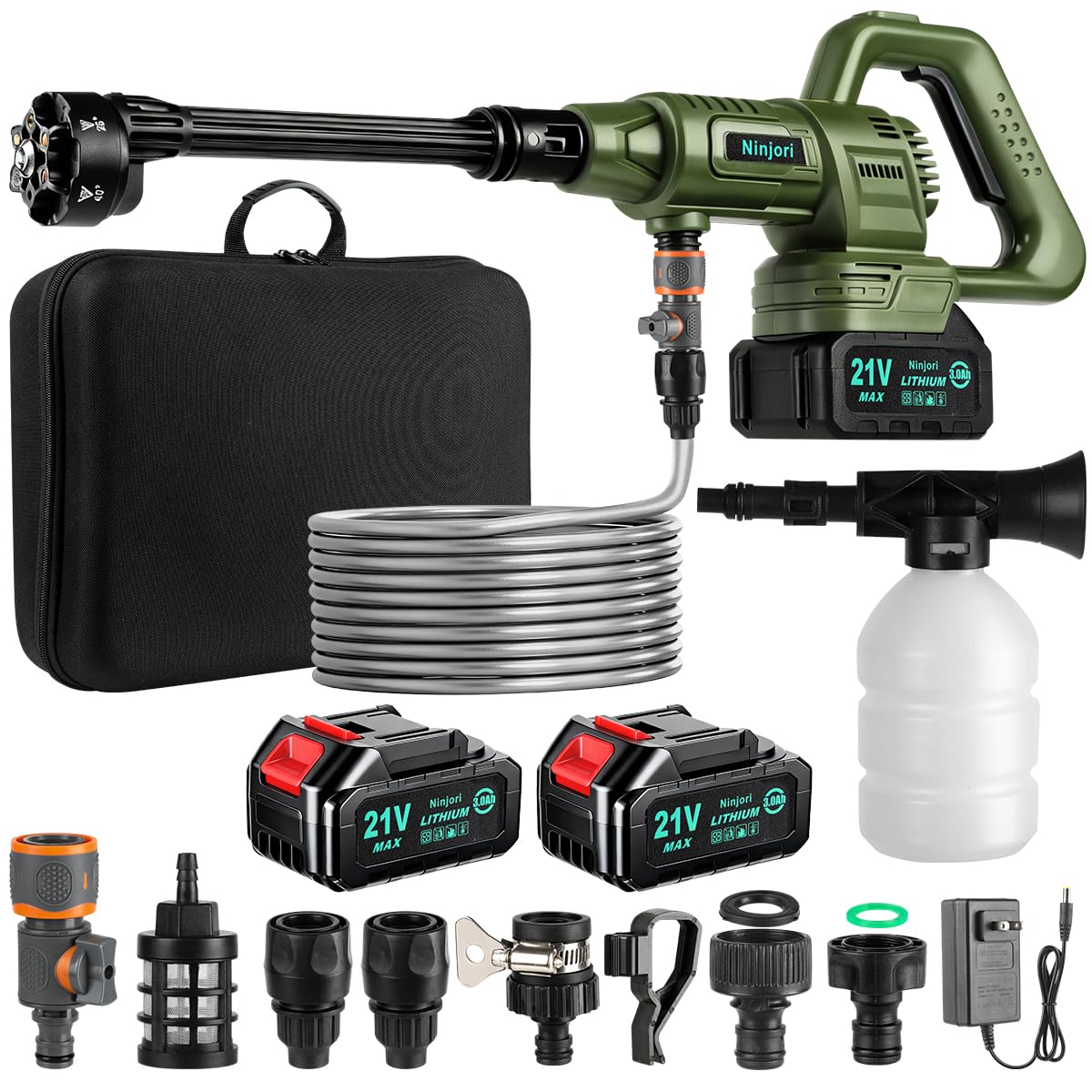 Max 1100PSI 3.0 GPM Battery with Multi-3 Level Adjustment, 6-in-1 Nozzle & Foam Cannon, 26.2 ft Hose for Car & Home