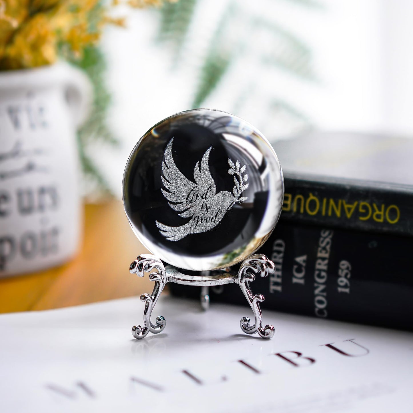 ZEERSHEE 60mm Glass Peace Dove Ball Laser Etched Dove with Olive Branch Crystal Pigeon Ornament with Stand Decor for Home Table