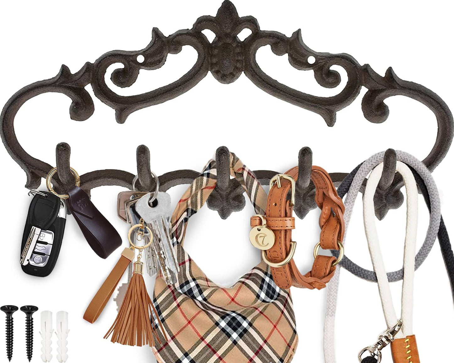 Comfify Cast Iron Wall Mounted Hanger – Vintage Design with 5 Hooks for Keys, Towels, Robes, and Clothes – Heavy Duty Rustic Metal – 12.6" x 5.9" – Brown