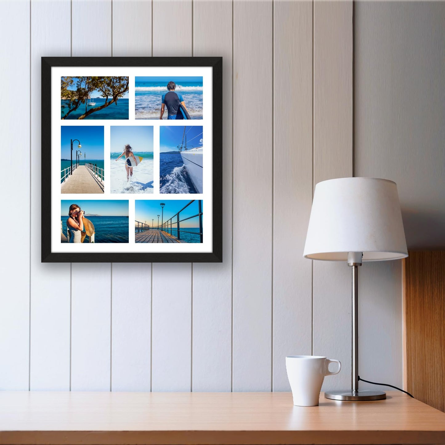Lacopgr 4x6 Picture Frame Collage 7 Openings, 13.5"x15.5" Multi Photo Collage Frame 4"x6" Gallery Wall Decor Wooden, Black Frame with White Mat, Wood
