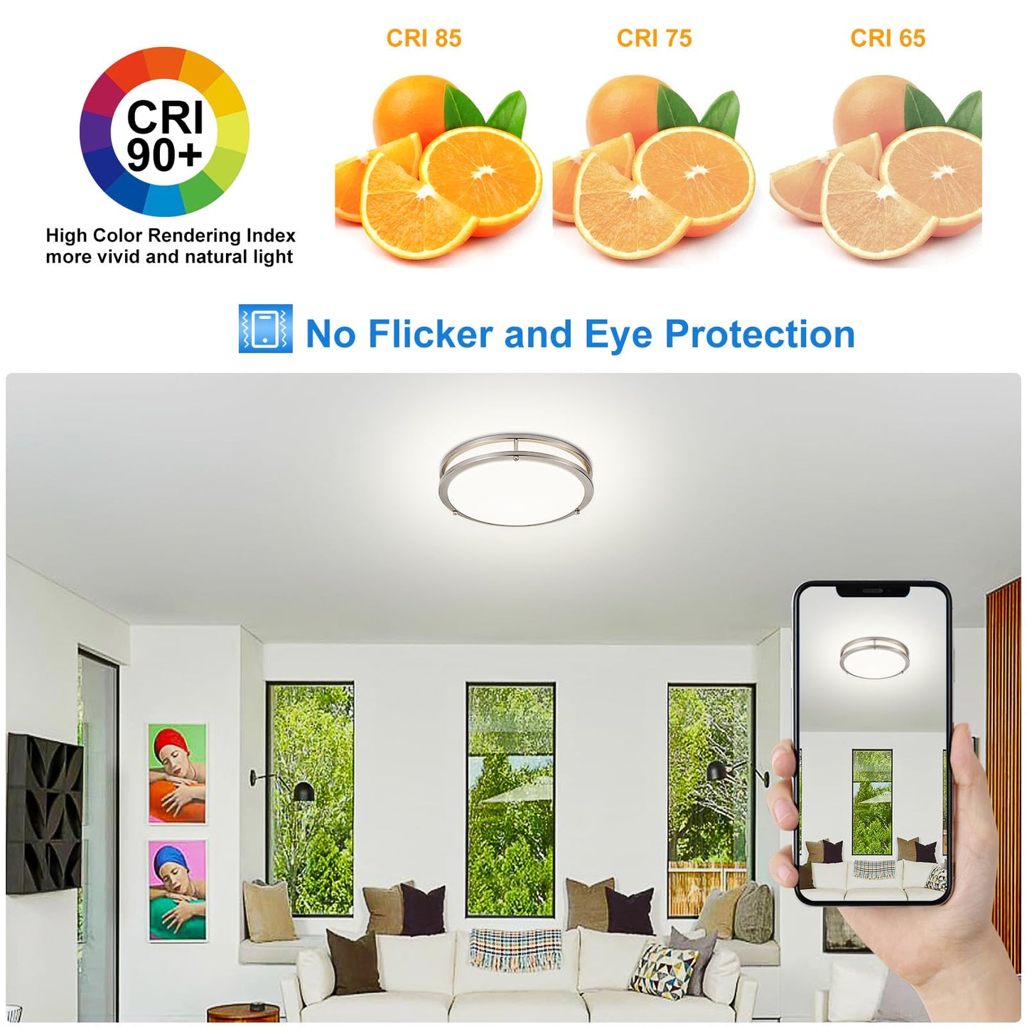 DLLT Flush Mount LED Ceiling Light: 13 Inch 5CCT (3000K-6000K) & Dimmable Ceiling Light Fixtures for Bedroom Hallway - 24W Modern Brushed Nickel Super Bright Kitchen Lighting Fixtures Ceiling