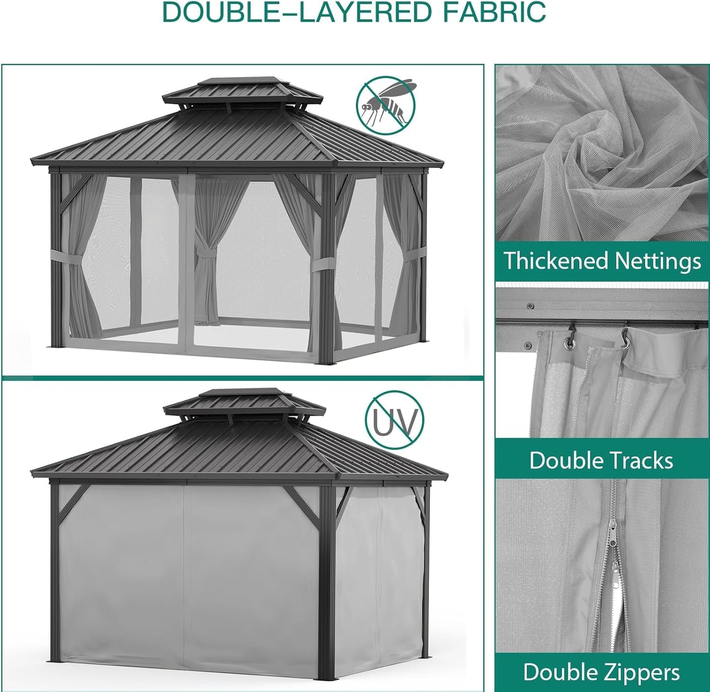 13'X10' Hardtop Gazebo, All-Weather Aluminum Frame Outdoor Canopy with Double Polycarbonate Roof, Permanent Outdoor Gazebo with Netting & Curtains for Garden, Lawns, Patio, Grey.