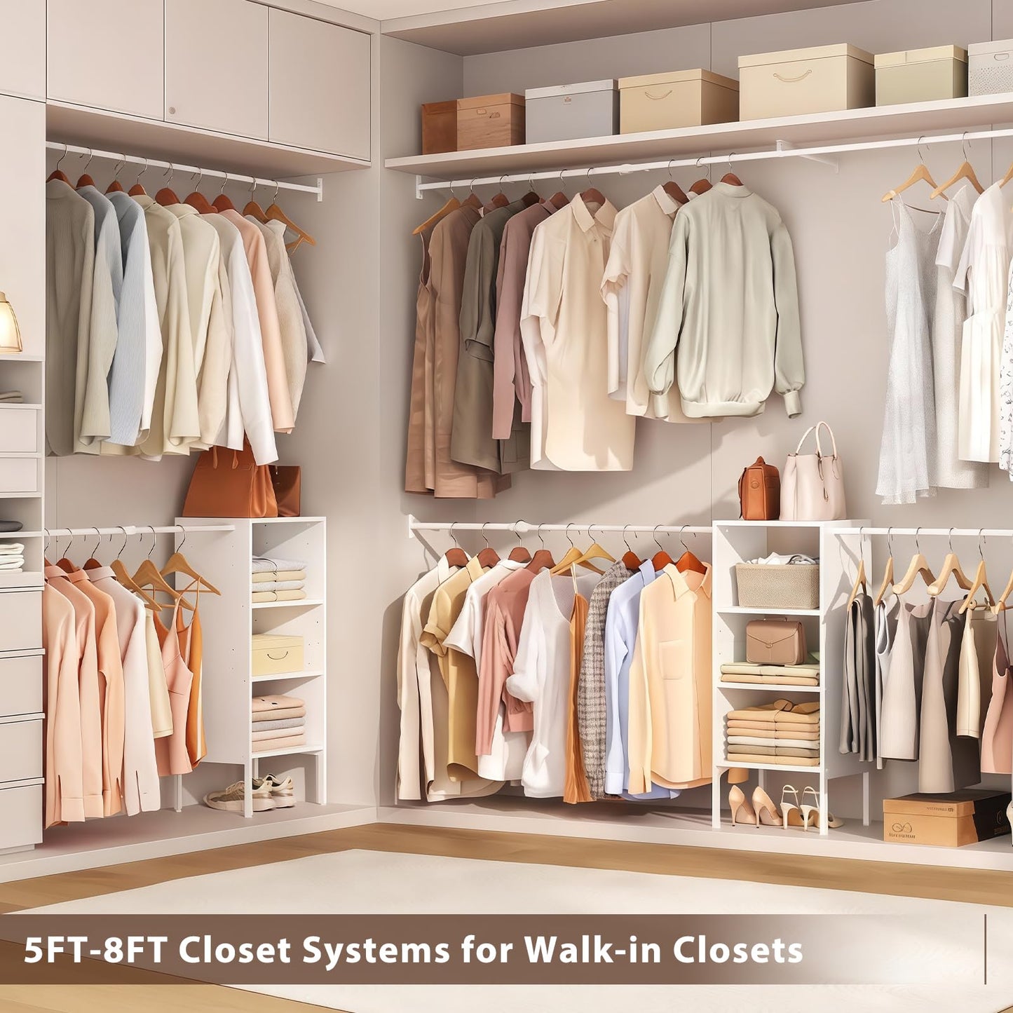 Small Closet System with Shelves, 5FT-8FT Closet Organizer System, Wooden Shelves for Closet with 2 Hanging Rods, Walk-in Closet Organizer, Adjustable Wardrobe Clothes Rack, Garment Rack, Pure White