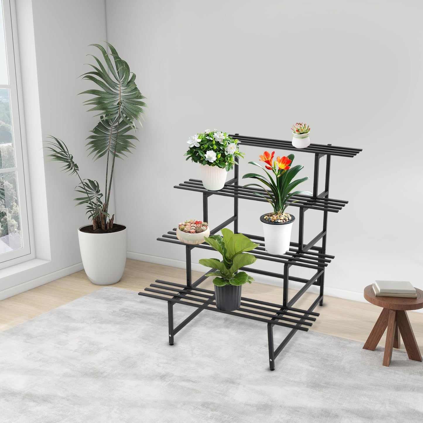 GALAXYWAY 4 Tier Black Metal Plant Stand, Stair Step Plant Stand Indoor Outdoor Tiered Planter Shelf Ladder Flower Pot Holder Plant Stands for Patio Garden Balcony