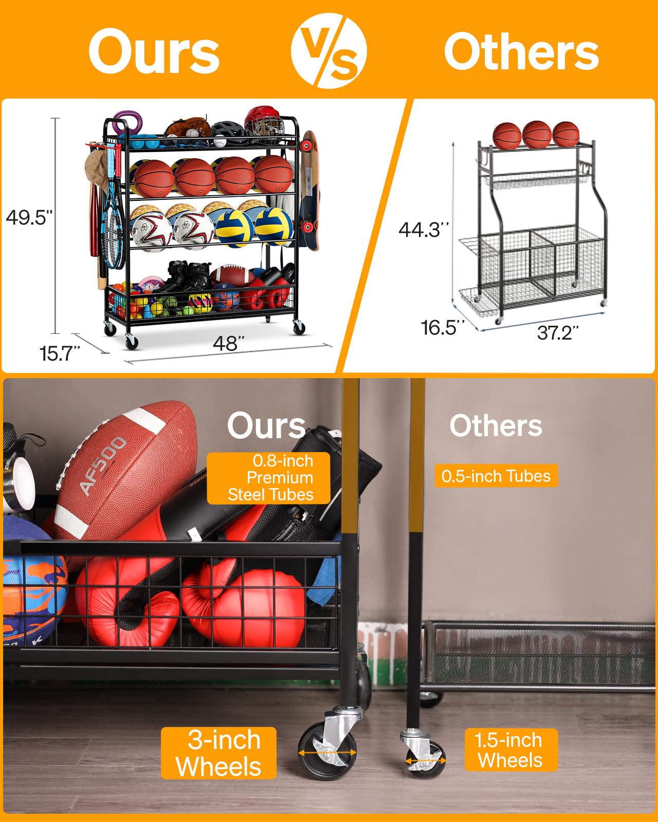 EXTCCT Garage Sports Equipment Organizer - Rolling Ball Storage Bin with Wheels, Garage Sports Gear Rack Outdoor Basketball Racks for Balls with Baseball Bat Holder and Hooks, Toy Organizer