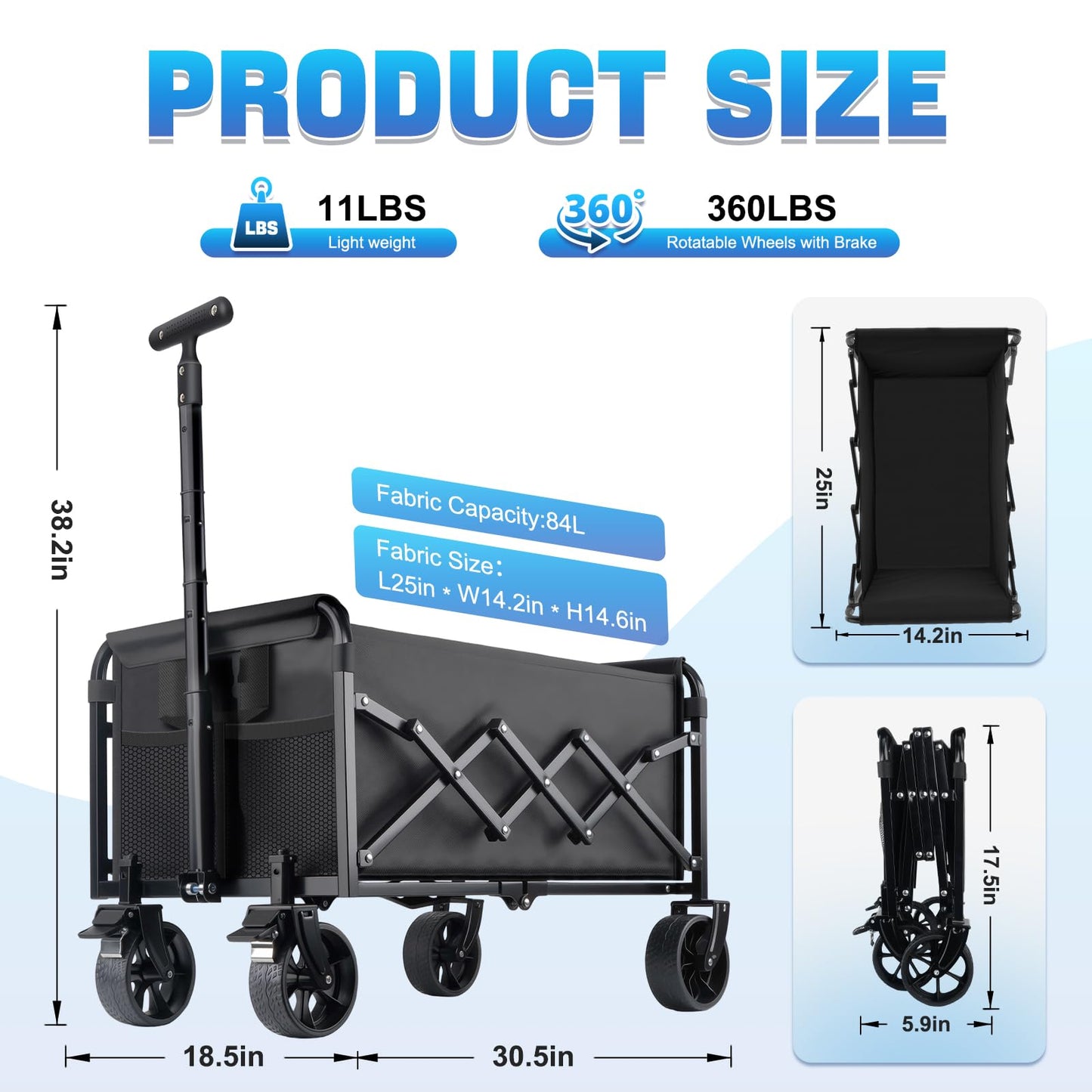 Collapsible Wagon Cart Foldable with Wheels - Heavy Duty 360LBS Portable Folding Utility Shopping Cart with 360° Swivel Brakes Wheels & Cup Holders for Outdoor Camping Beach Grocery Garden