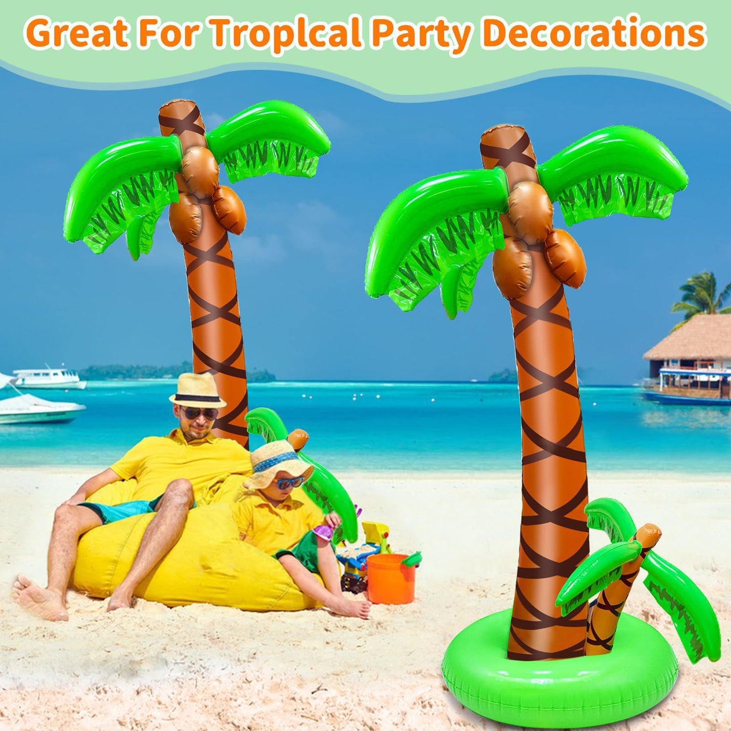 2 Pack Inflatable Palm Trees with Exclusive Two Trunks, 5.5Ft Blow Up Palm Tree Luau Hawaiian Tropical Theme Birthday Indoor Party Decoration, Outdoor Summer Beach Pool Party Supplies Photo Prop Decor