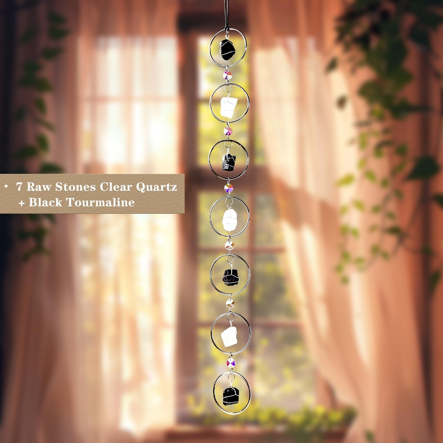 Black Tourmaline Natural Gemstone Wall Hanging - Round Crystal Sun Catcher for Windows, Boho Spiritual Home Decor, Healing Energy Ornament & Unique Gift for Women (Silver)