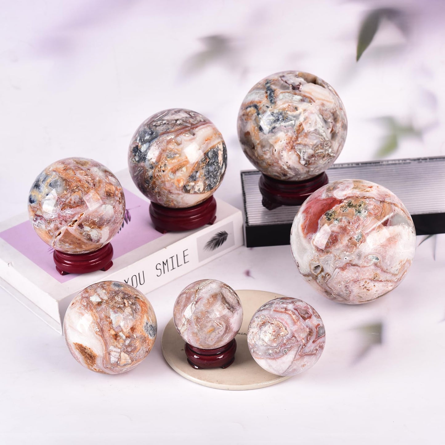 JIC Gem Natural Striped Agate Crystal Sphere Healing Crystal Decorative Ball with Wooden Stand Meditation Balls for Witchcraft Reiki Gift 50-60mm