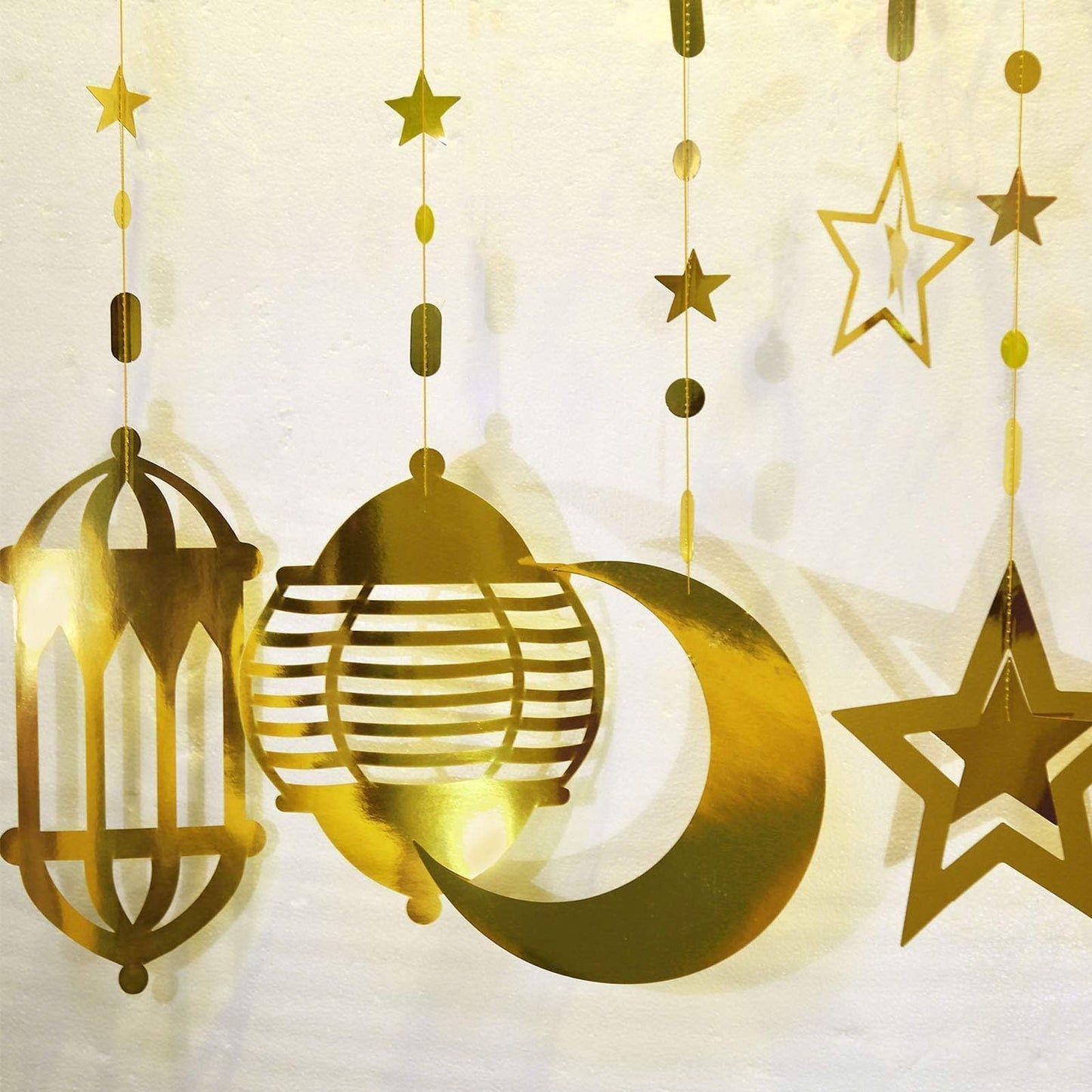 Cheerland Ramadan Decorations Gold Star Moon Lantern Garland Pre-Assembled Shining Hanging Ramadan Mubarak Eid Decorations Banner Streamer for Eid Mubarak Decor Home Party Supplies 16 Pcs