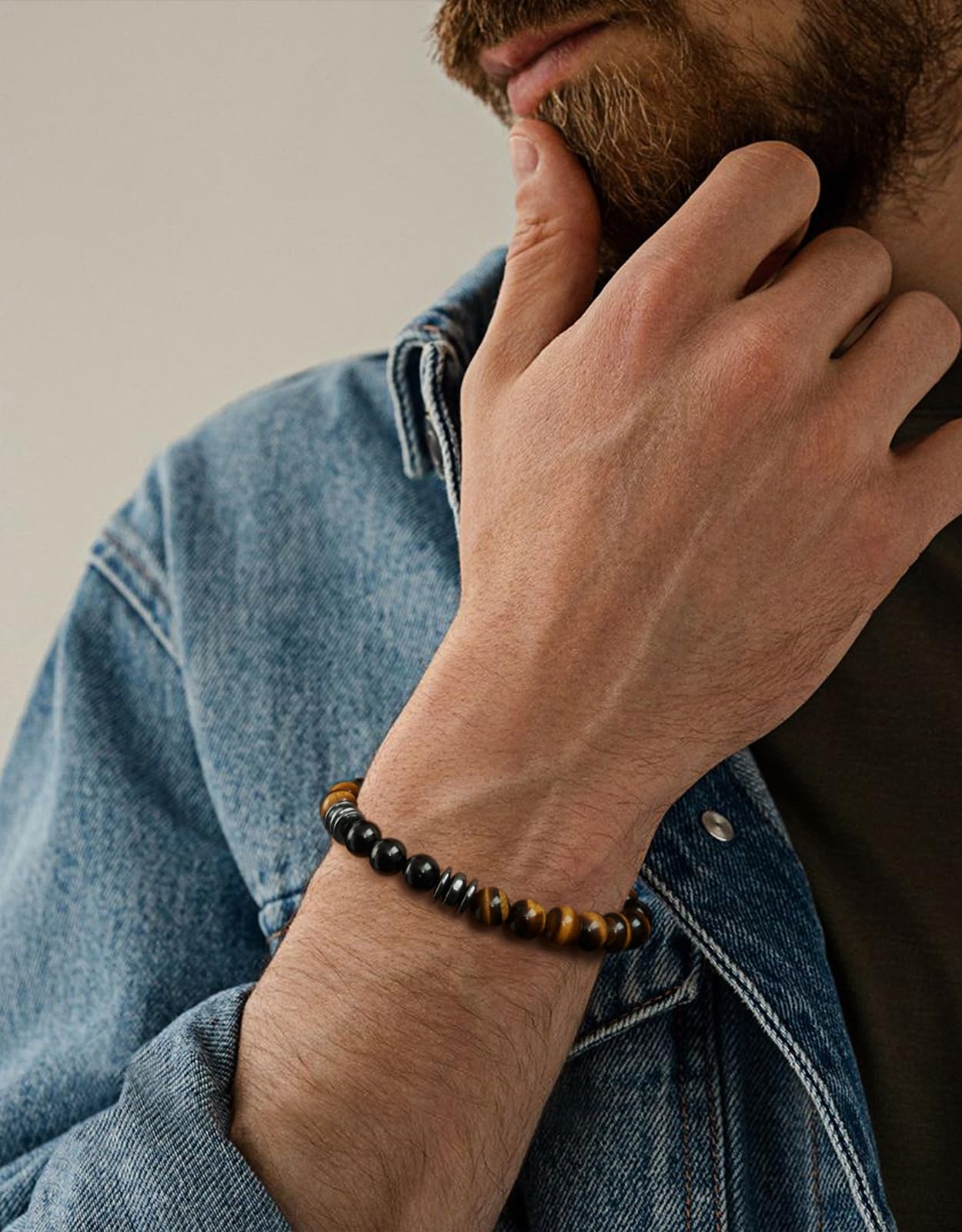 Landorilo Gifts for Men, 8mm Natural Stone Beaded Bracelets, Tiger's Eye & Black Tourmaline Healing Bracelet, Handmade Mens Jewelry Gift for Him, Husband, Son, Father, Friend(Happy Birthday-7.5in)