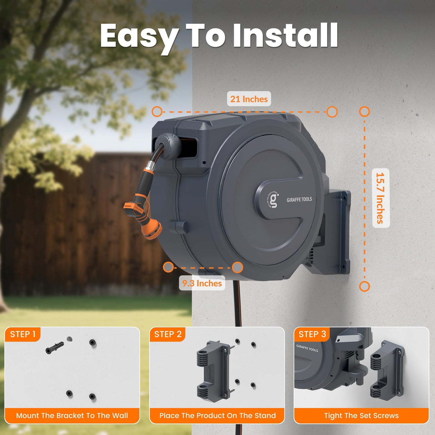 Giraffe Tools Retractable Garden Hose Reel, 5/8" x 62 ft Wall Mounted Hose Reels with 180° Swivel Bracket, Any Length Lock Hose Reel with 9- Function Sprayer Nozzle