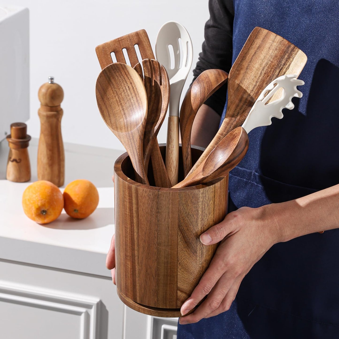 gorsent Wooden Utensil Holder, 360°Rotating 7.3'' Large Utensil Holder for Kitchen Counter, Kitchen Utensil Organizer, Utensil Crock, Farmhouse Kitchens Countertop Decor, Acacia Wood