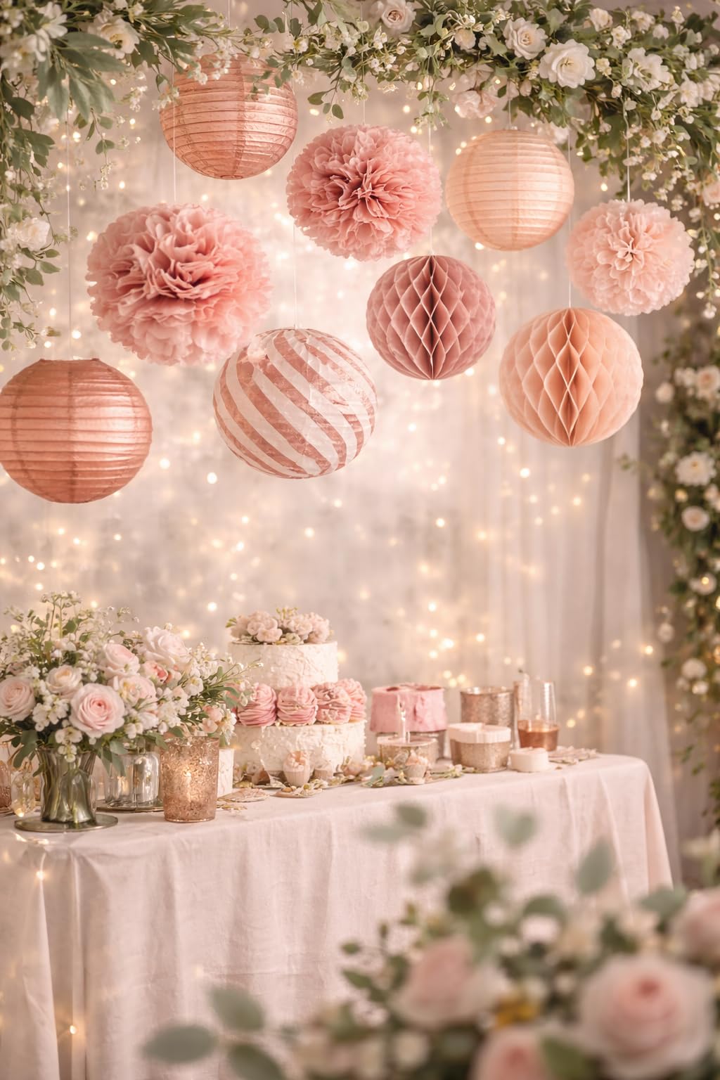 Decorative Paper Pom Poms and Lanterns Set, Rose Pink and White, Party Hanging Decor for Celebrations and Events