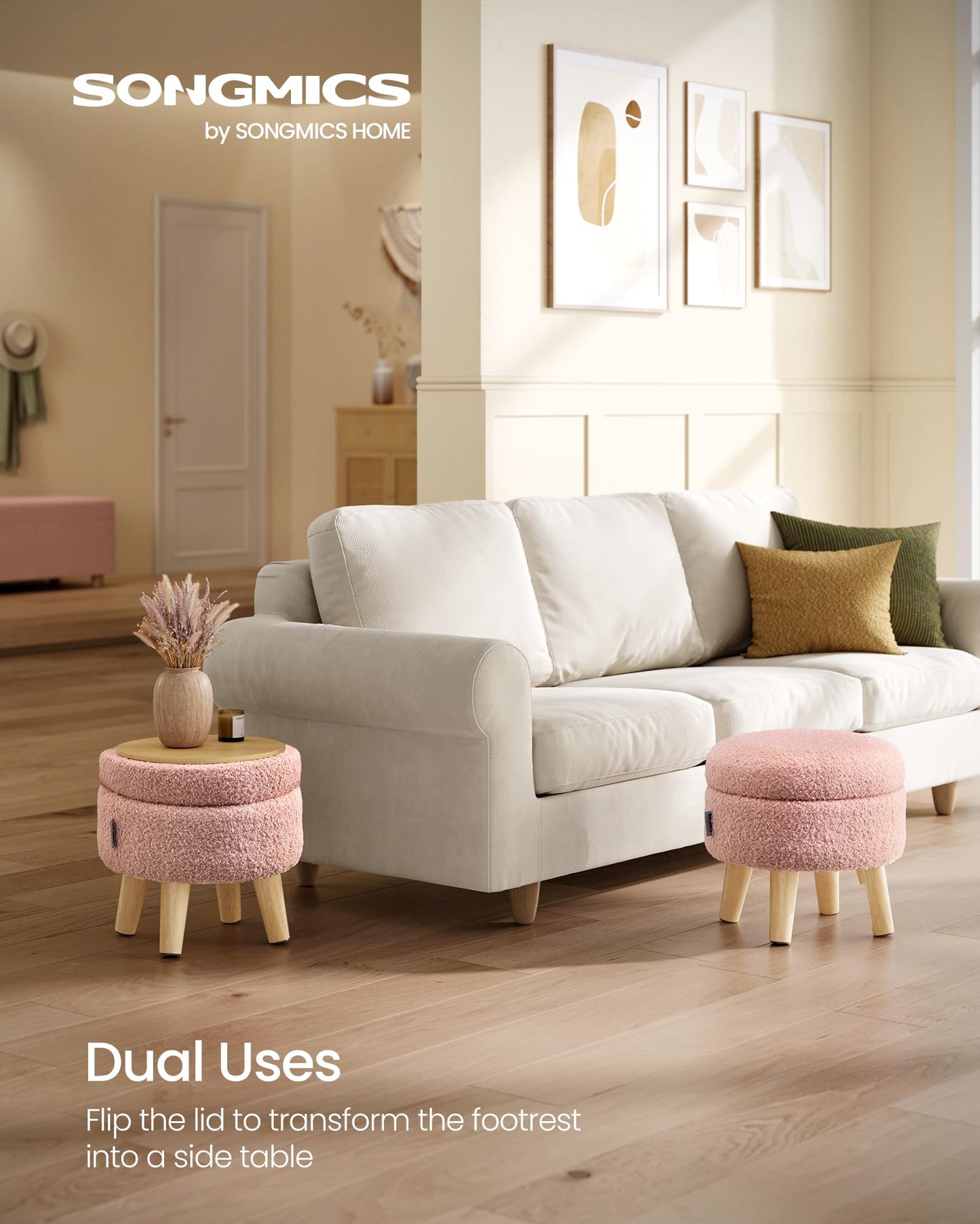 SONGMICS Storage Ottoman, Foot Stool, Round Ottoman with Padded Seat, Foot Rest with Wood Legs, Small Table, for Hallway, Living Room, 12.2 Inches, Teddy Fleece, Jelly Pink ULOM515SA01