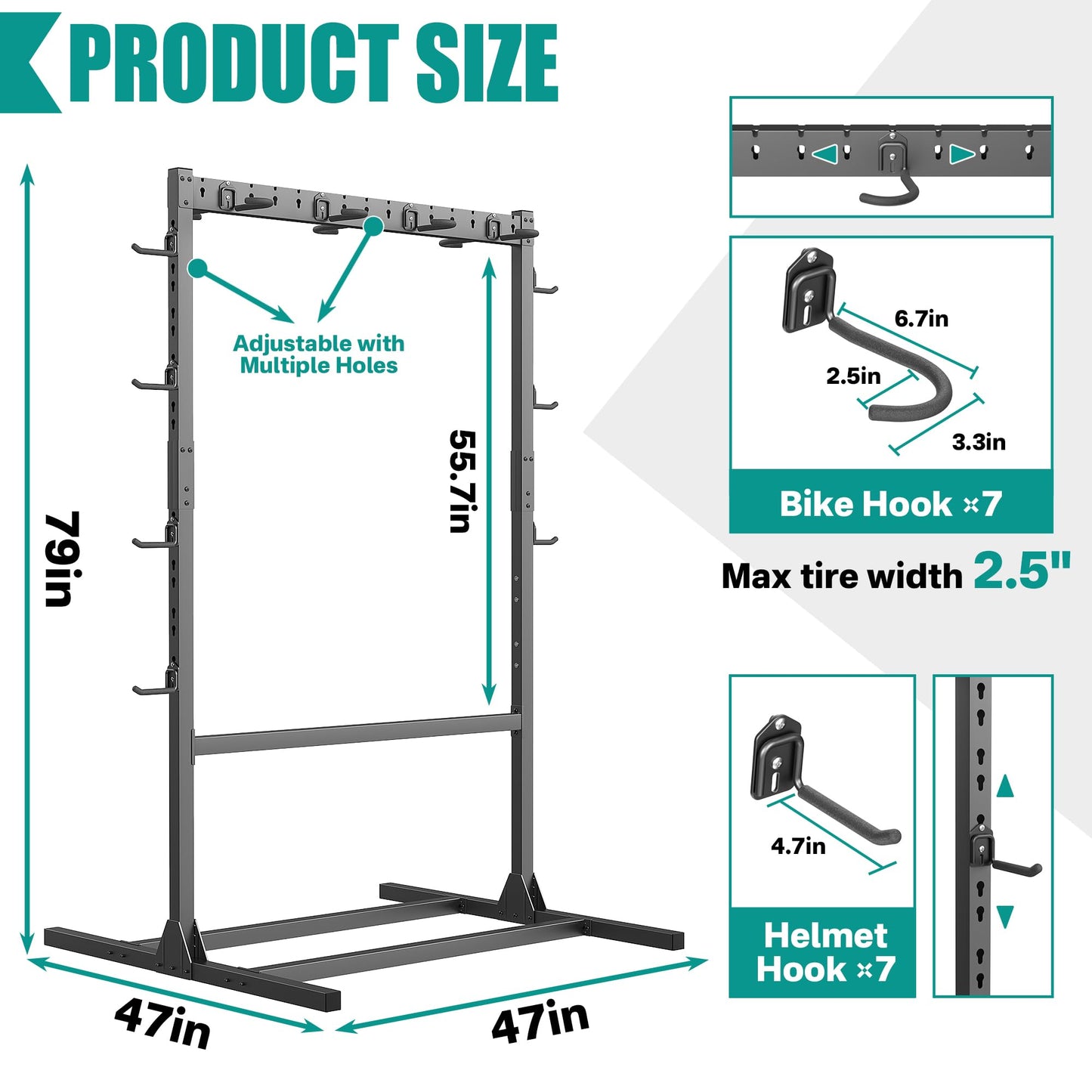 EVERHANGER Freestanding Bike Stand Rack with Adjustable Hooks, Vertical Bike Stand for Garage, Bicycle Storage Organizer, Holds Up to 7 Bikes & 7 Helmets