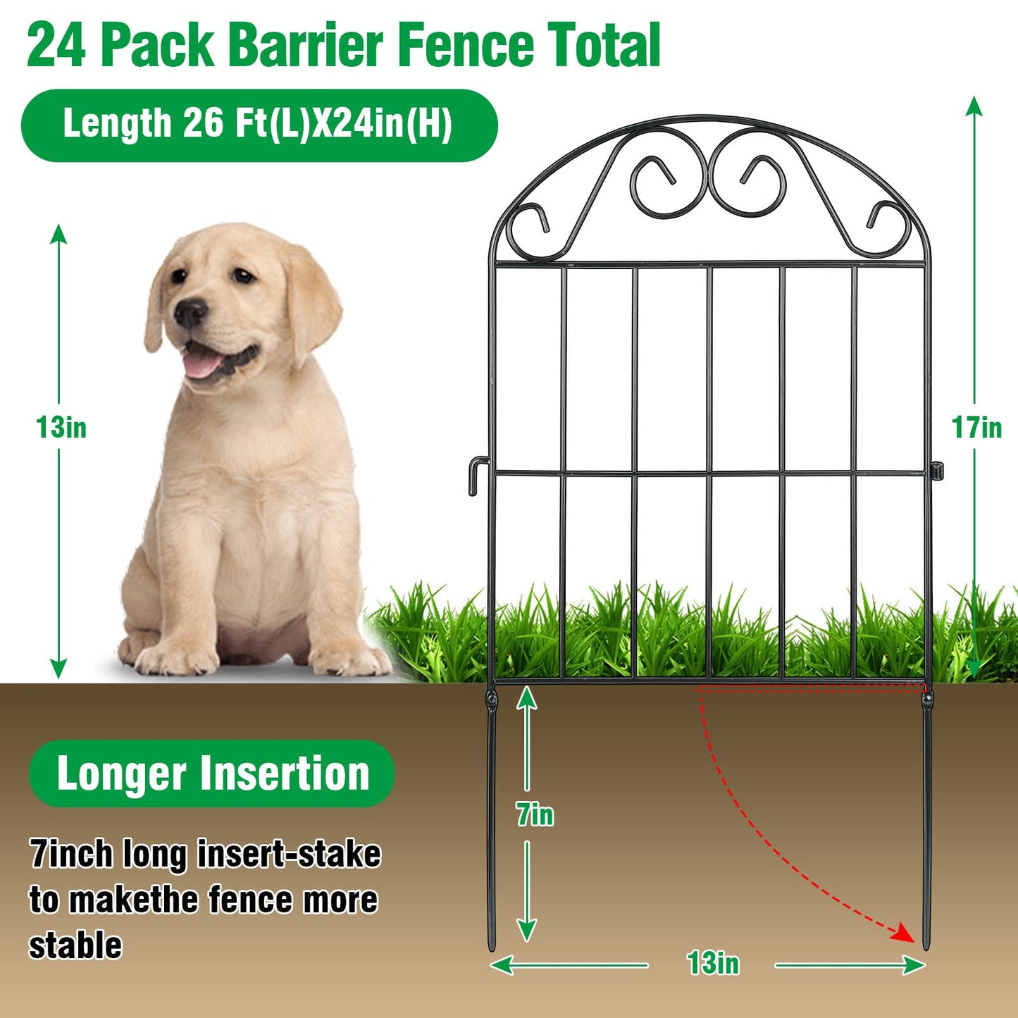 ADAVIN 24 Panels Collapsible Garden Fence Animal Barrier,24 Ft(L) x 24 in(H) Black Rustproof Metal Wire Panel Border for Dogs Rabbits, Flower Edging for Landscape Patio Yard Outdoor Decor, Arched