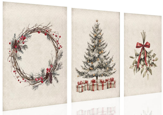 Rustic Christmas Wall Art Gallery Set of 3 Vintage Festive Canvas Poster Holiday Pine Tree Winter Wreath Greenery Print for Farmhouse Winter Xmas Home Bedroom Decor 8x12inch Unframed