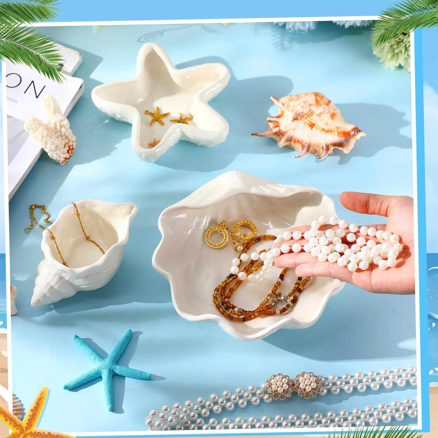 Teenyyou 3 Pcs Ceramic Conch Shell Jewelry Dish Tray Ear Ring Holder Jewelry Plate Key Bowl for Room Vanity Decor Accessory(White)