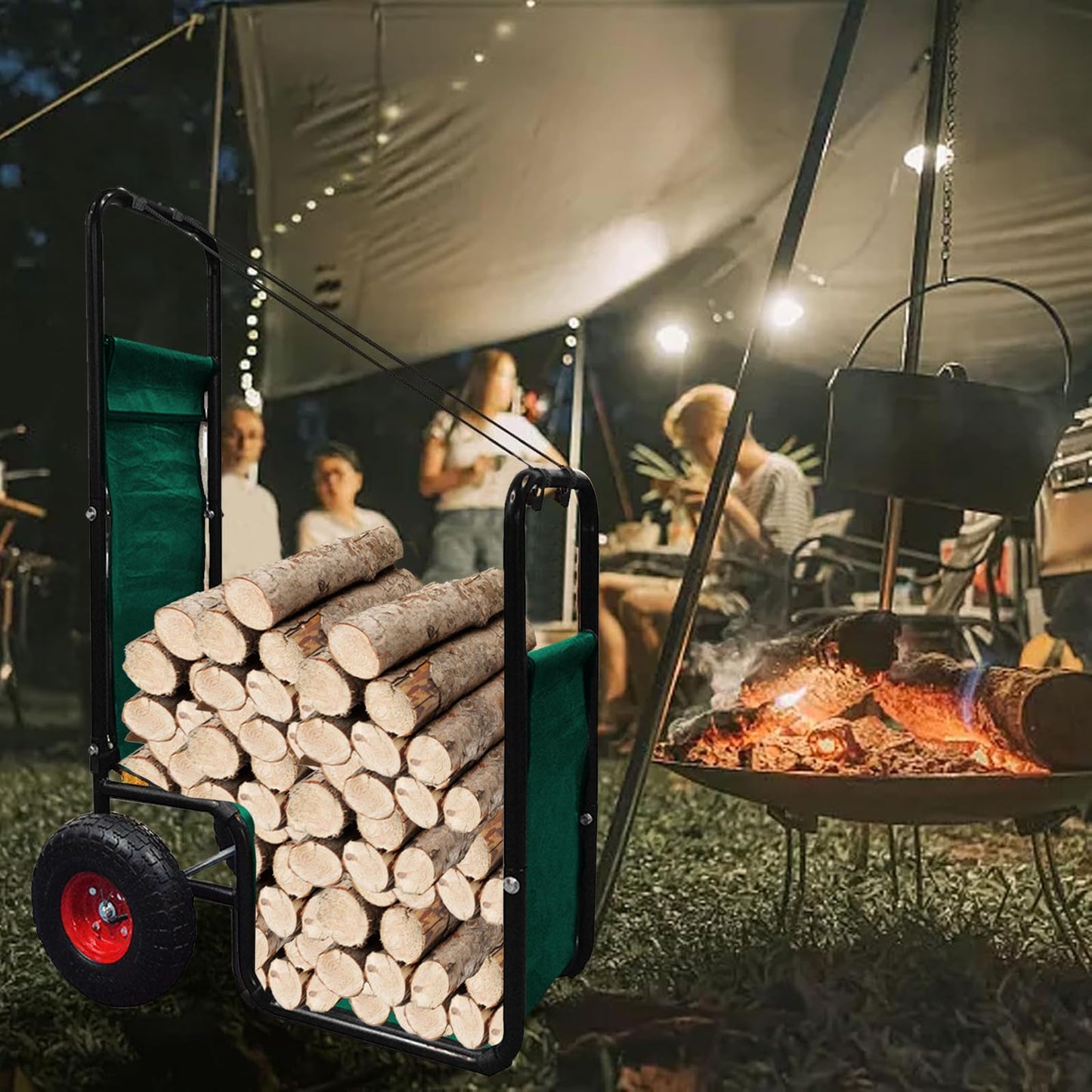 HIGOOD Firewood Cart with Wheels: 260 lbs Capacity Log Dolly Carrier with Pneumatic Wheels & Fabric Liner - Easy Roll Wood Mover for Farm, Indoor & Outdoor Use - Heavy Duty Steel Construction