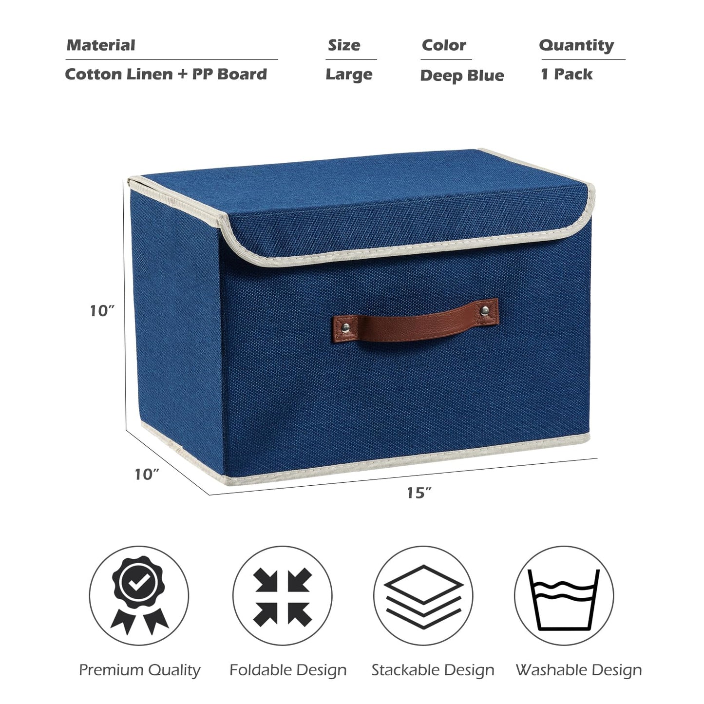 VinneGenzz Storage Boxes with Lid Cotton Linen Fabric Storage Bins Organizer Container Decorative Collapsible Washable Shelf Baskets Faux Leather Handles for Home Bedroom Closet (Deep Blue, Large)