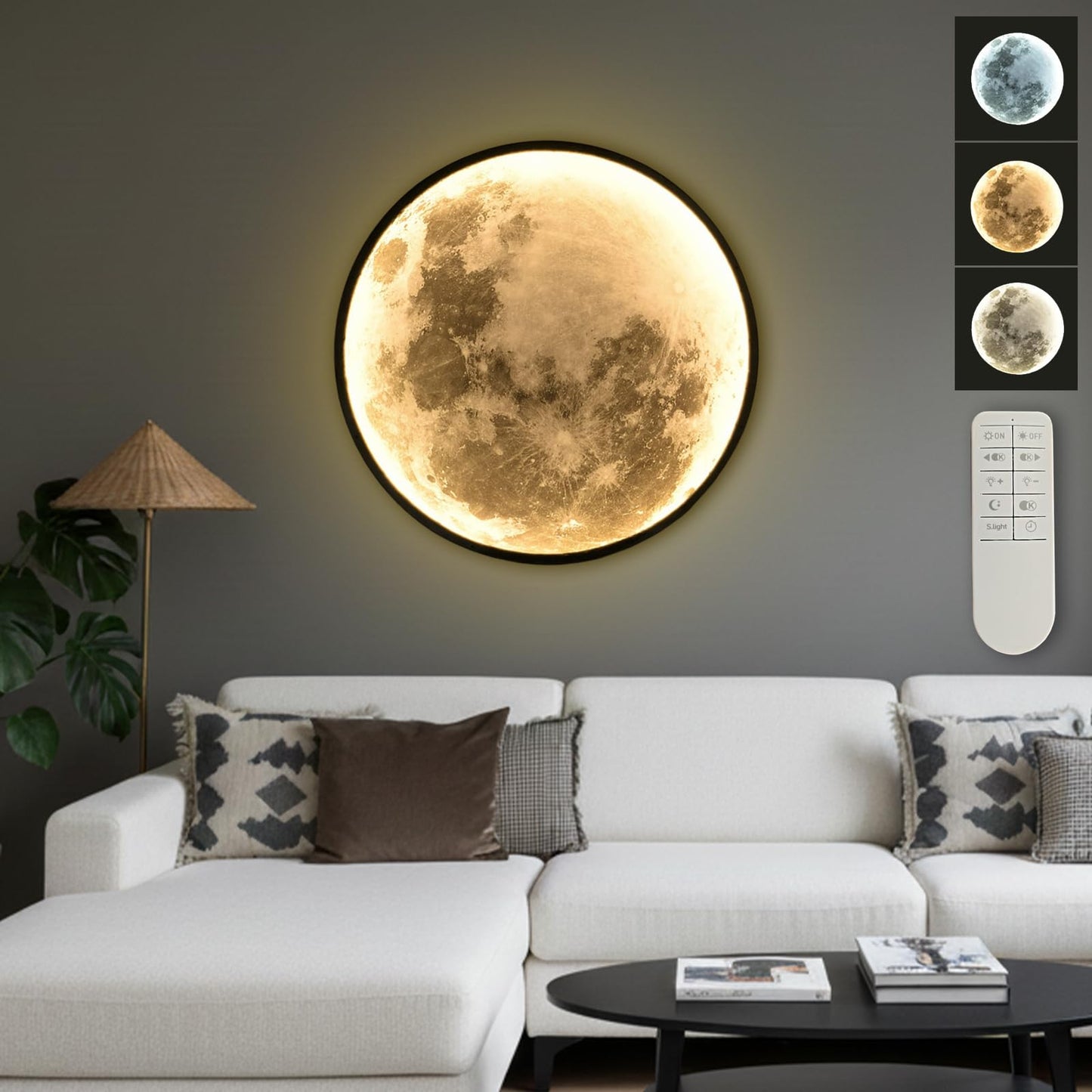Clcmber Dimmable Moon Wall Light 31.5 Inch Indoor Plug in LED Wall Sconce with Romote Control Black Modern Wall Lamps for Bedroon Living Room Decor Lighted Wall Art