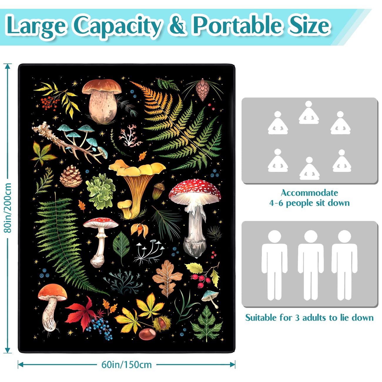awufncksn Mushroom Picnic Blankets Waterproof Foldable, 60″X80″Thick Three Layer Picnic Mat Outdoor Blanket for Grass,Cute Beach Blanket Sandproof Picnic Accessories for Camping Party Park Hiking