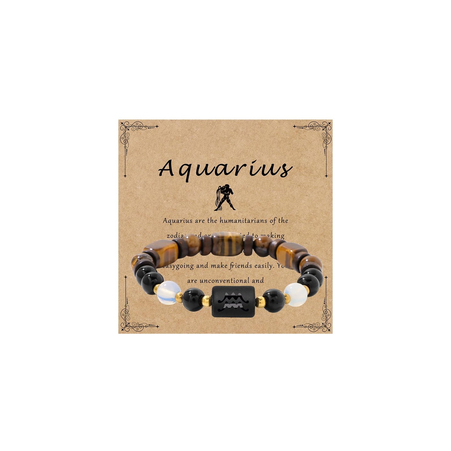 Zodiac Aquarius Black Obsidian And Opal Bracelets for Women Men-8mm Tiger Eye Beads Healing Crystals Mens Jewelry Anxiety Relief Bracelets for Valentine's Day Mother's Day Christmas Birthday Gifts