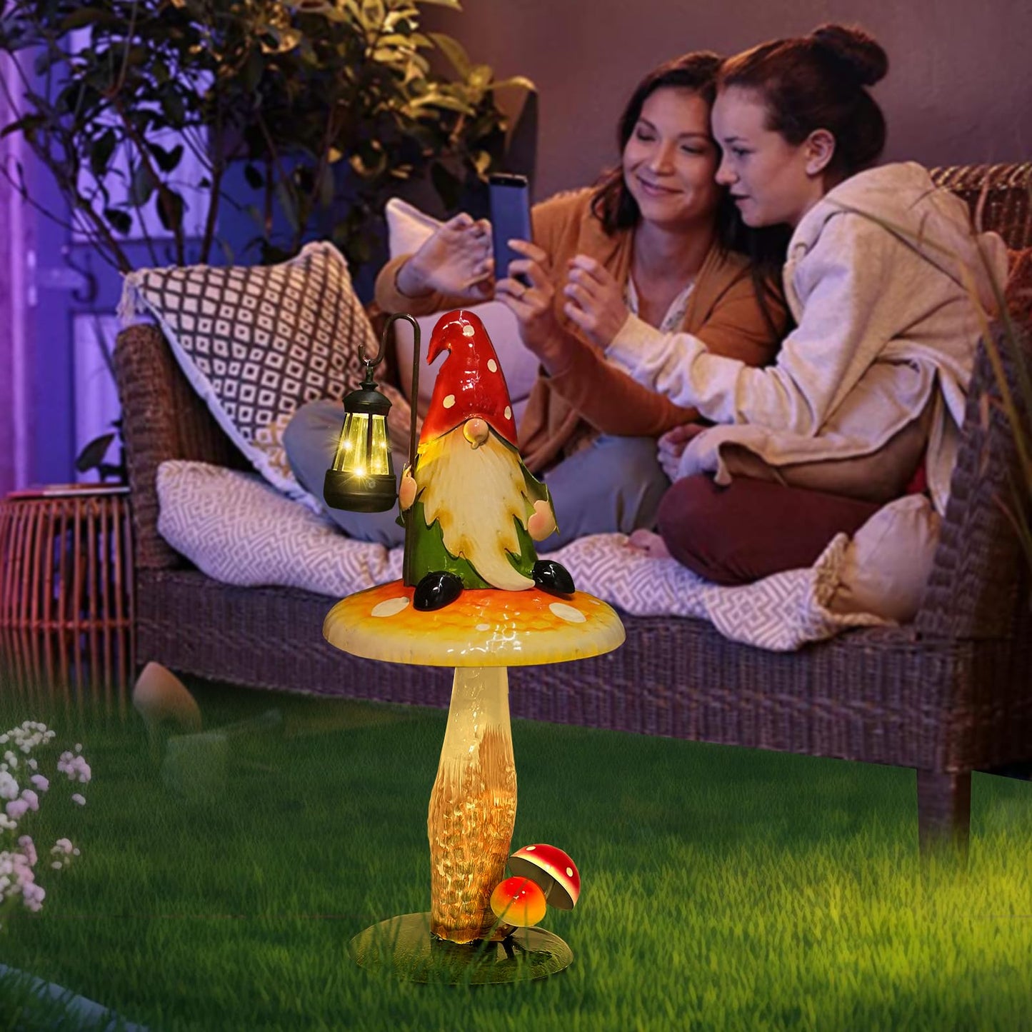 HONGLAND Solar Garden Gnomes Outdoor Statue, Waterproof Outdoor Mushroom Decor with Solar Lantern LED Lights for Yard, Patio, Lawn Ornaments, Ideal Gifts for Mom Grandm, Housewarming Gifts-16.5"