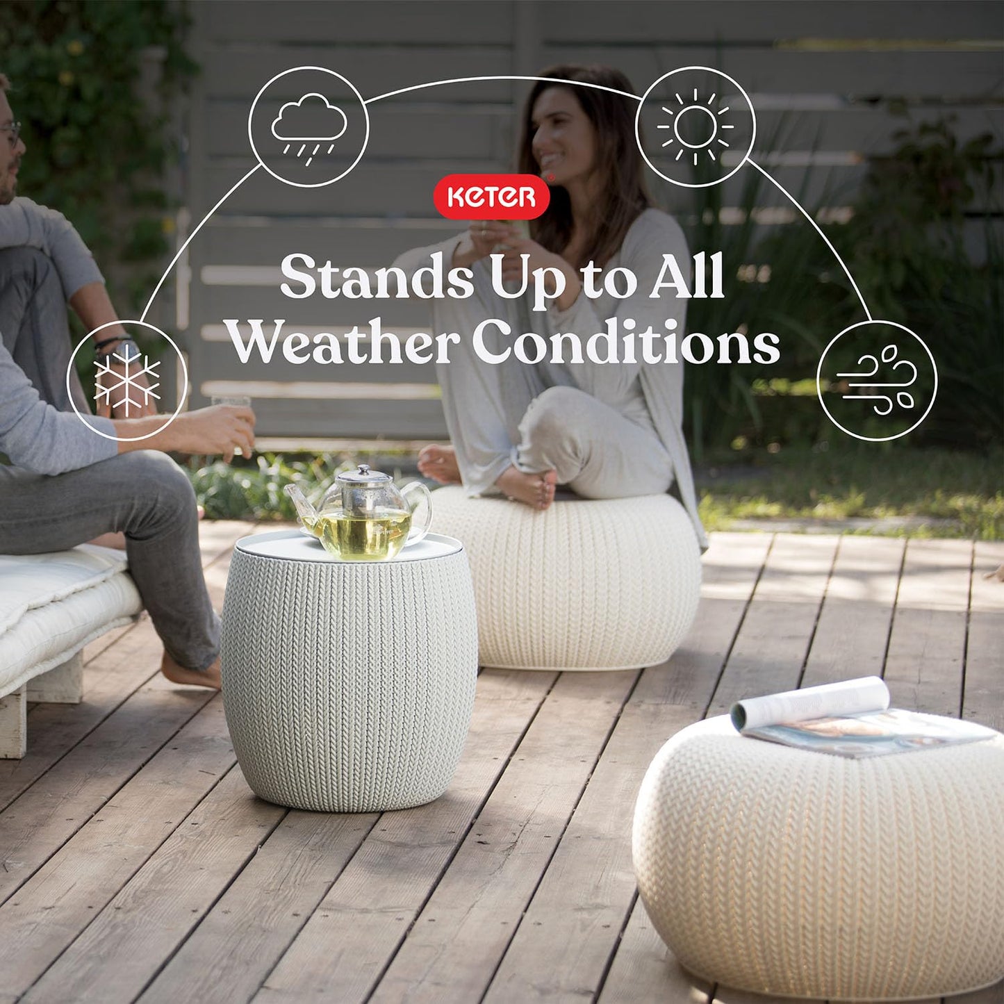 Keter Urban Knit Pouf Ottoman Set of 2 with Storage Table for Patio and Room Décor - Perfect for Balcony, Deck, and Outdoor Seating, Grey & White