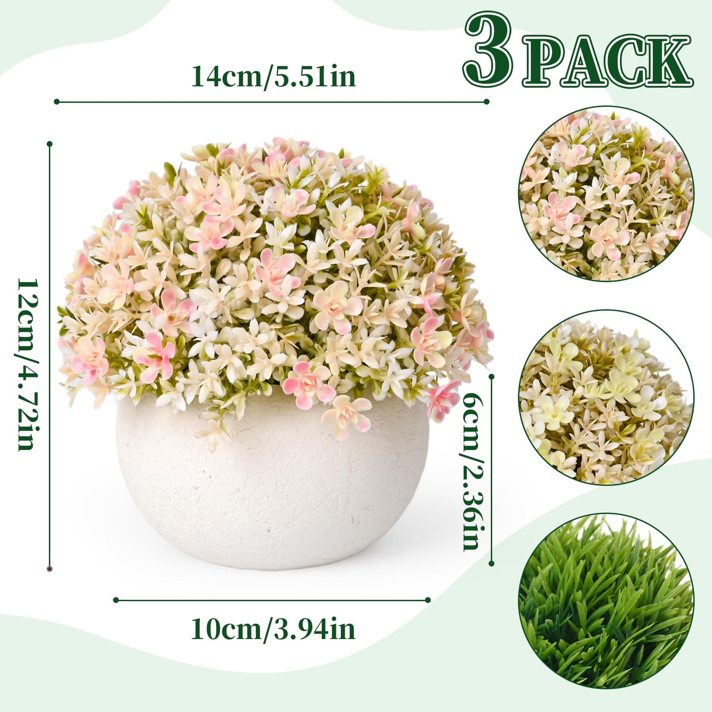 JIUYUETIAN Fake Plants-3-Pack Mini Artificial Pulp Pot Decor, 2 Lilac Flower Balls & 1 Grass, No Maintenance for Desk Bathroom Home Office Shelf