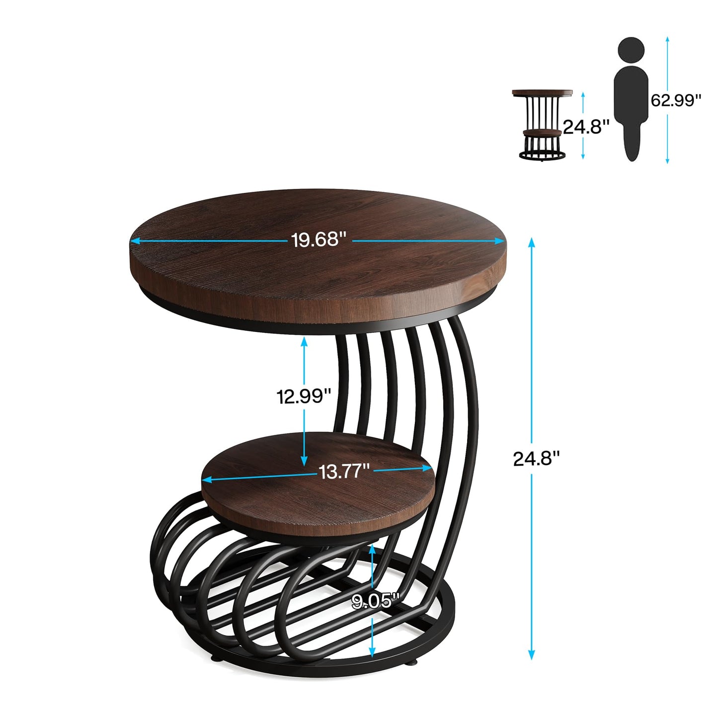 Tribesigns Round End Side Table: Side Table with 2 Tiers Storage Shelves, Vintage End Table for Living Room, Small Bedside Table Accent Table with Arc-Shaped Frame, Rustic Brown