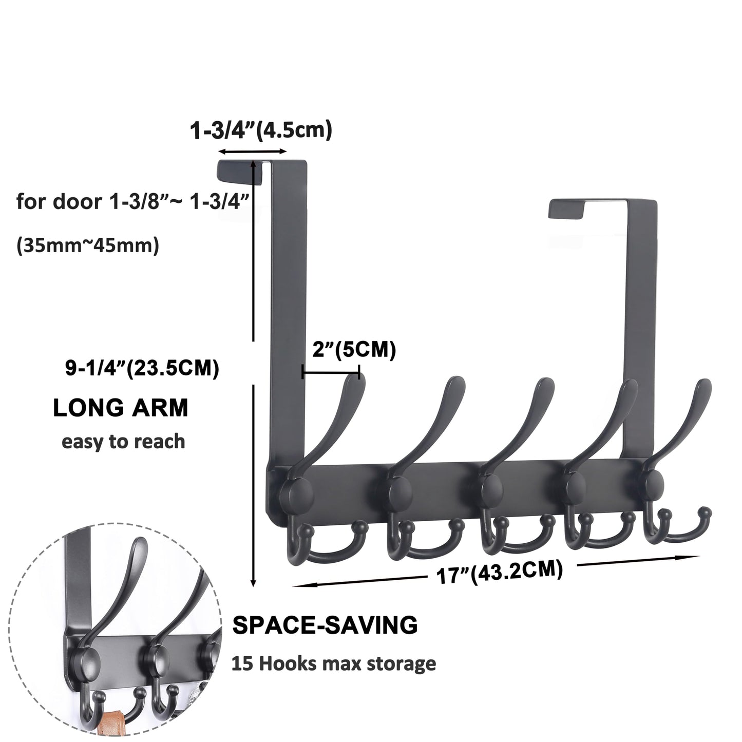 Dseap Over The Door Hook Hanger - Fits 1 3/8" to 1 3/4" Standard Doors | 5 Tri Hooks Heavy Duty Towel/Coat Rack | Door Organizer for Clothes, Jackets, Hats, Towels, Black