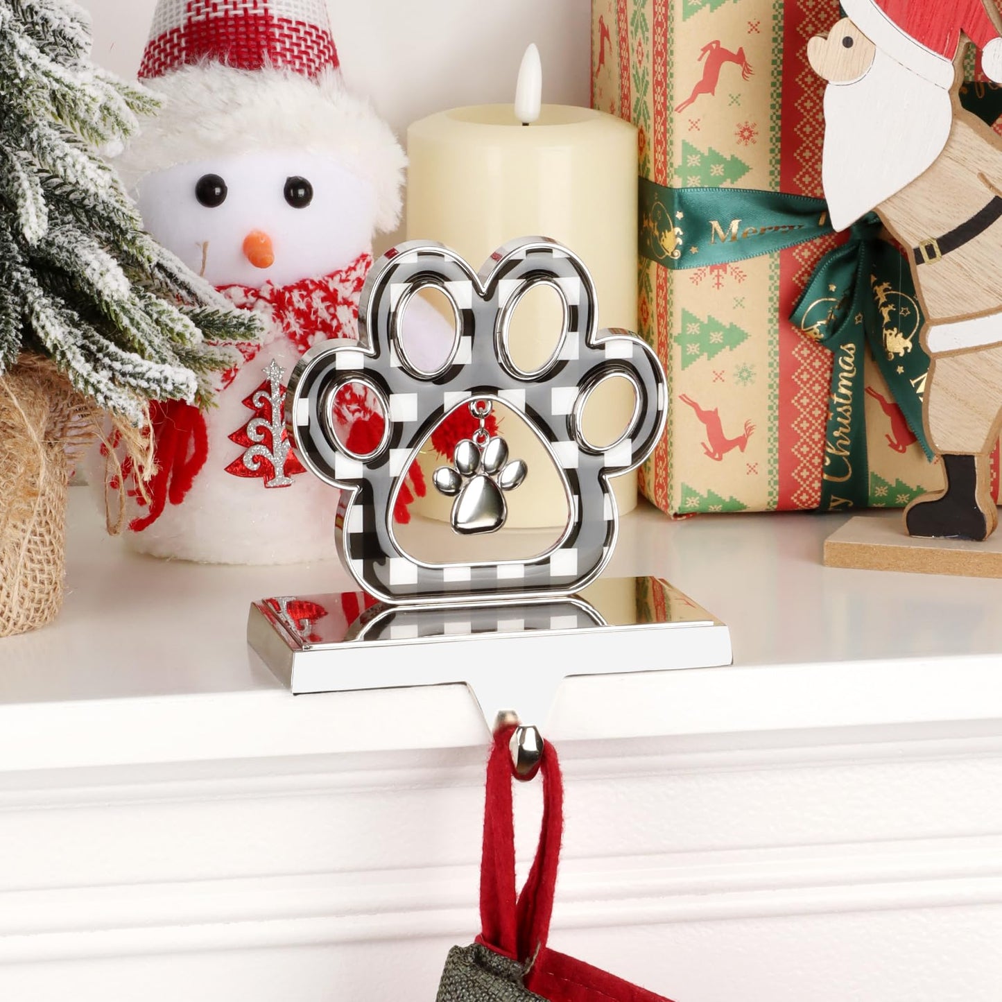 Abilat Dog Paw Christmas Stocking Holder, 3D Silver Metal Stocking Holder with Pendant Black Buffalo Plaid Pet Stocking Hangers for Mantle Fireplace Table Christmas Decoration (Black and White)